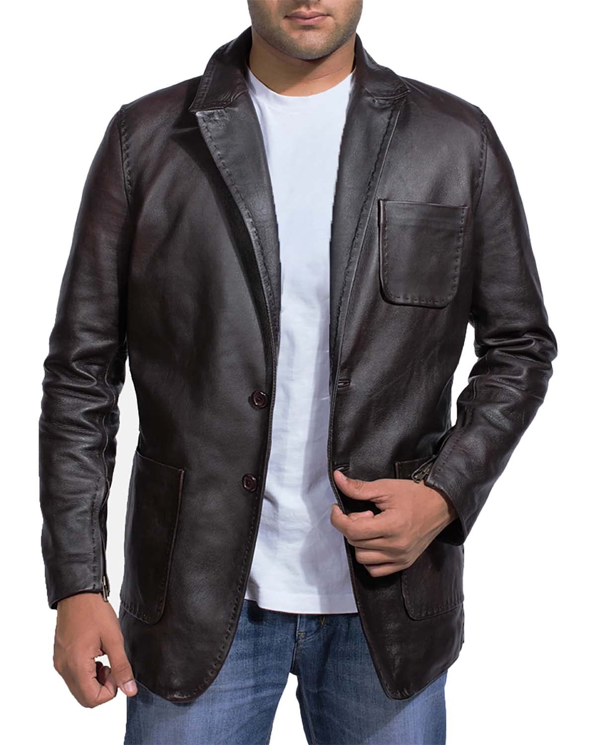Premium Men's Black Leather Blazer with Wine Button Down & Notch Collar - The Jacket Maker | Stylish Formal Wear for Business, Weddings & Evening Events