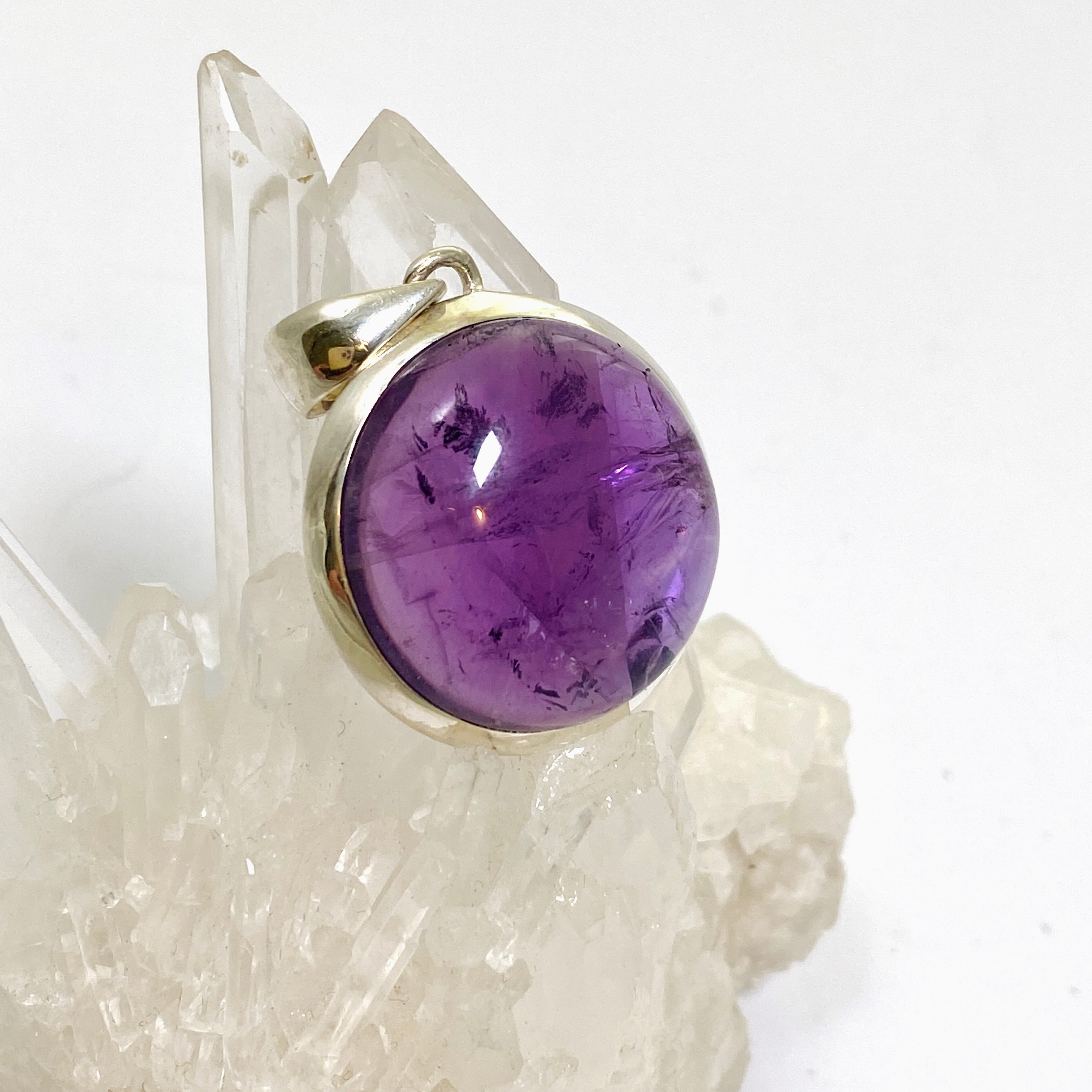 Natural Amethyst Round Cabochon Pendant Necklace - 925 Sterling Silver Jewelry for Women, Healing Crystal Gift for Meditation & Spiritual Protection