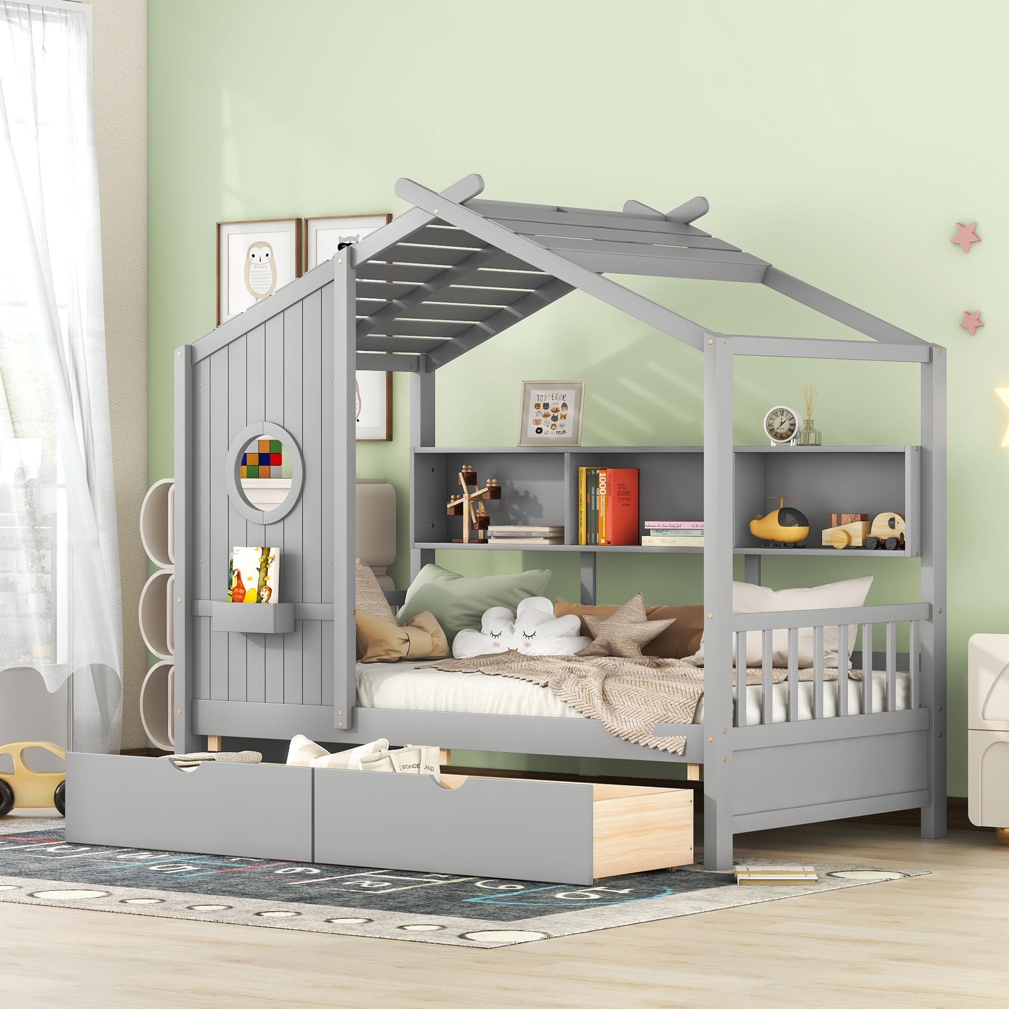 Montessori Twin House Bed with Storage Drawers & Bookcase - Solid Wood Playhouse Bed Frame with Safety Rails & Roof for Kids, Teens, Boys & Girls (Twin Size, Gray) - Perfect for Small Bedrooms, Playrooms & Montessori Learning Spaces