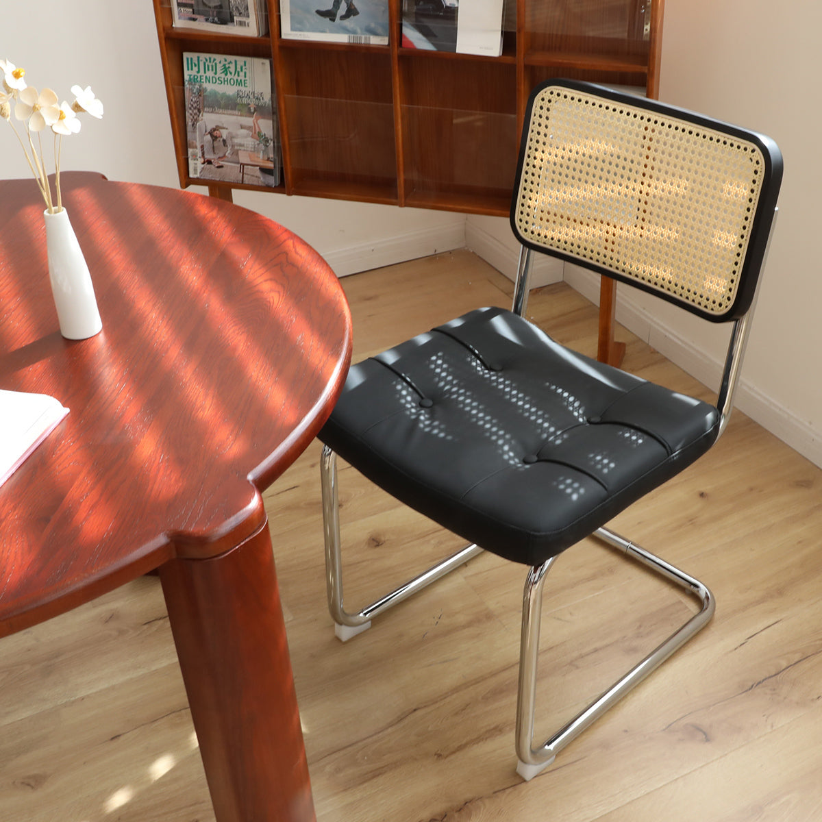 Modern Mid Century Breuer Style Dining Chairs Set of 2 - Faux Leather & Rattan Accent Chairs with Chrome Legs for Living Room, Kitchen, Dining Area - Black Upholstered Side Chairs (2-Piece Set) - Perfect for Small Spaces, Breakfast Nooks and Contemporary Home Decor