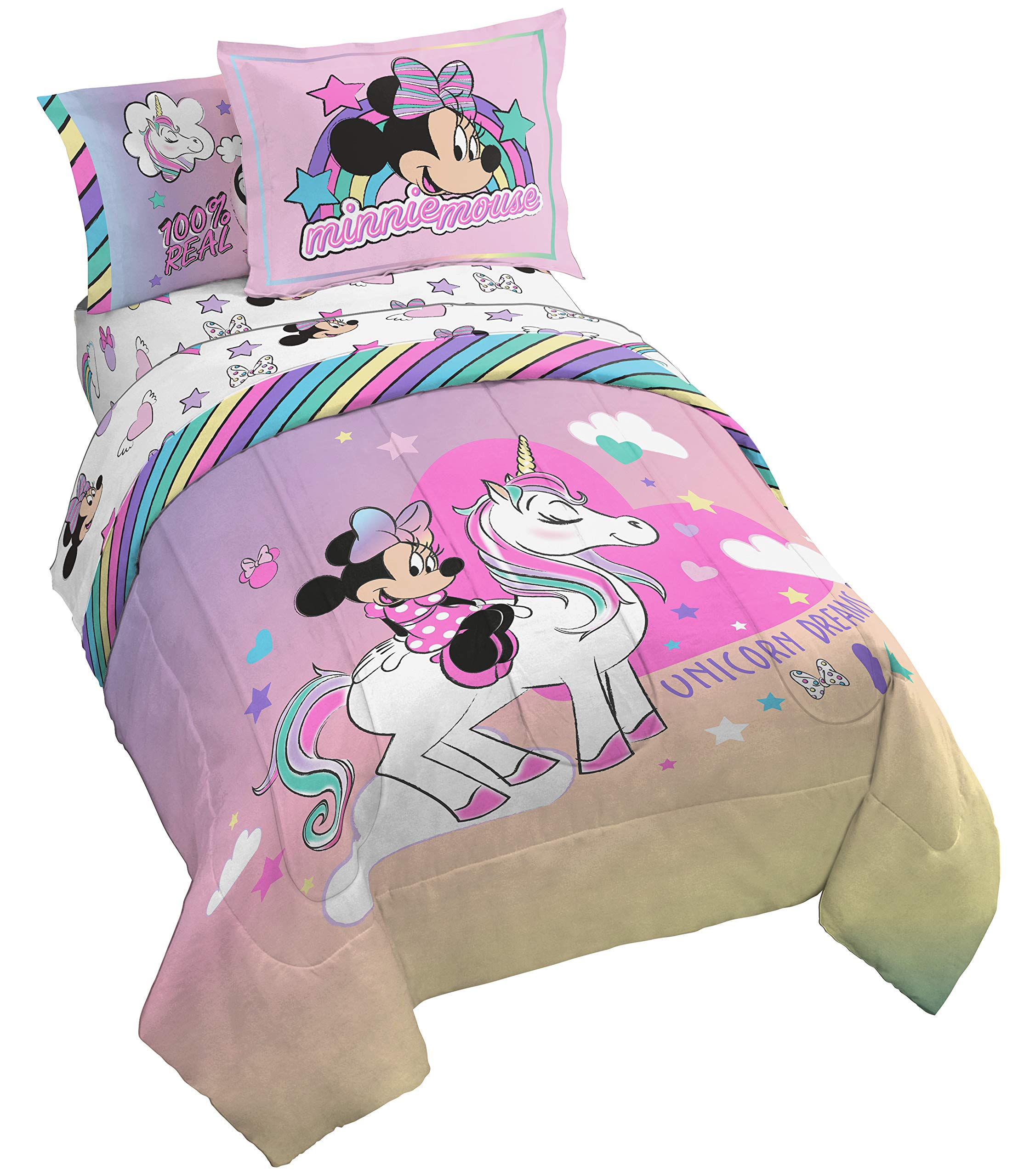 Disney Minnie Mouse Unicorn Dreams Twin Bedding Set - 5-Piece Reversible Comforter & Sheet Set - Super Soft Fade Resistant Microfiber - Official Disney Licensed Product - Perfect for Girls' Room Decor, Birthday Gifts & Disney Themed Bedrooms - Great for Sleepovers, Princess Parties & Cozy Nights - Ideal for Kids Ages 3-12 - Machine Washable & Durable - Best for Disney Fans, Themed Bedrooms & Gift Ideas - Perfect for Kids' Bedrooms, Sleepovers, and Disney-Themed Parties