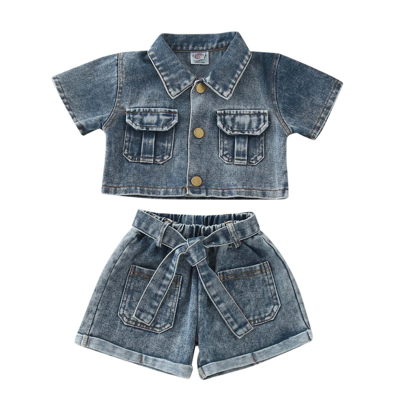 **Toddler Girls Denim Outfit Set - 3-Piece Summer Short Sleeve Top & Shorts with Belt | 2T Size | Casual Playwear & Outdoor Adventures**