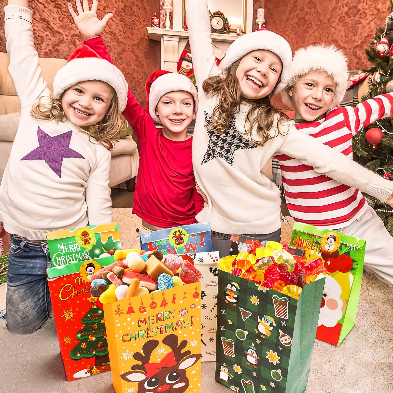 FEBSNOW 40-Pack Christmas Gift Bags with Stickers - Holiday Candy Treat Bags for Kids, Xmas Cookie Wrapping, Party Favors & Craft Paper Bags - Perfect for Christmas Parties, School Events & Gift Exchanges