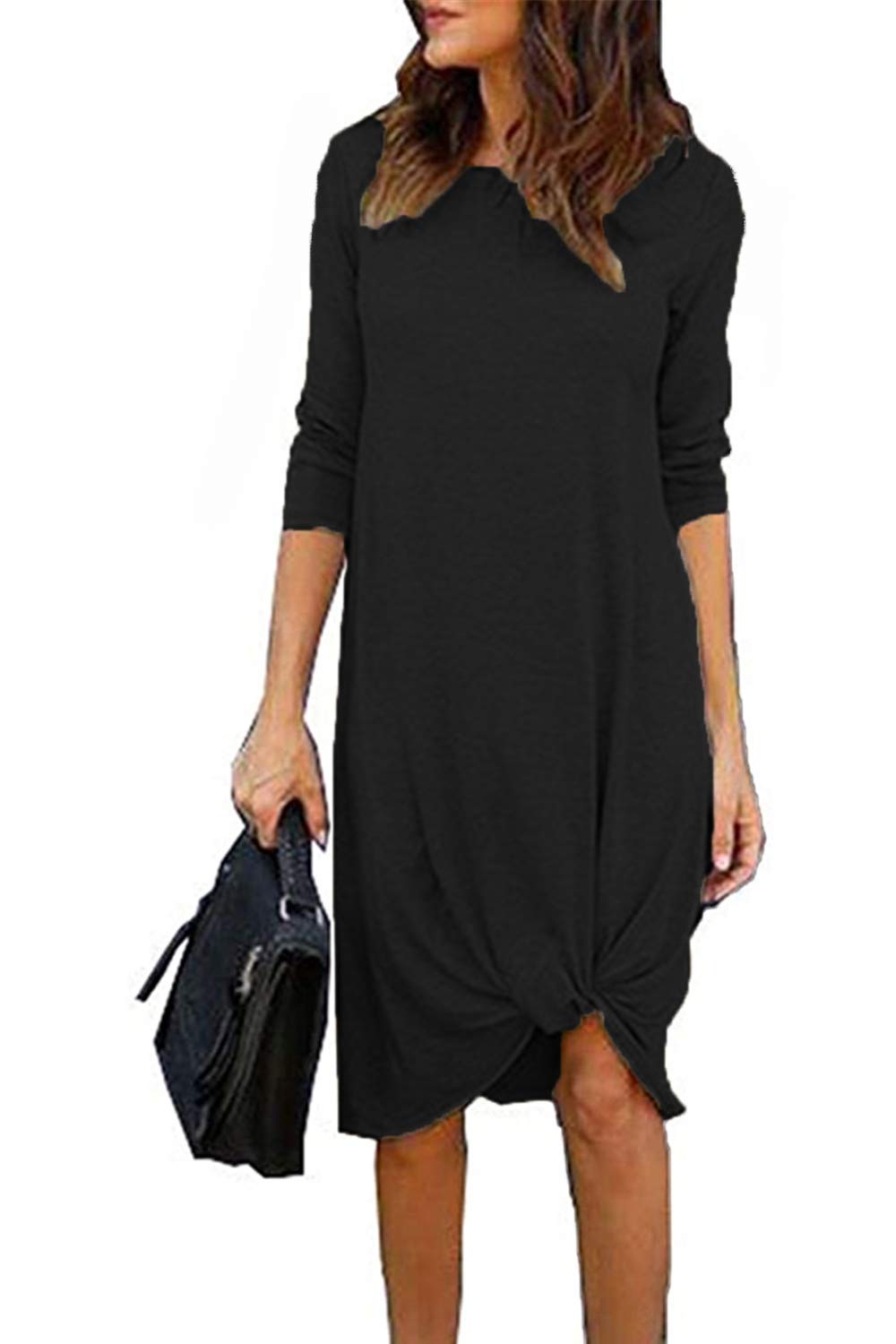 Chvity Women's Casual Long Sleeve Twist Tie Front Knot Midi Dress T-Shirt | Fall Fashion Dresses for Work, Date Night & Autumn Outfits