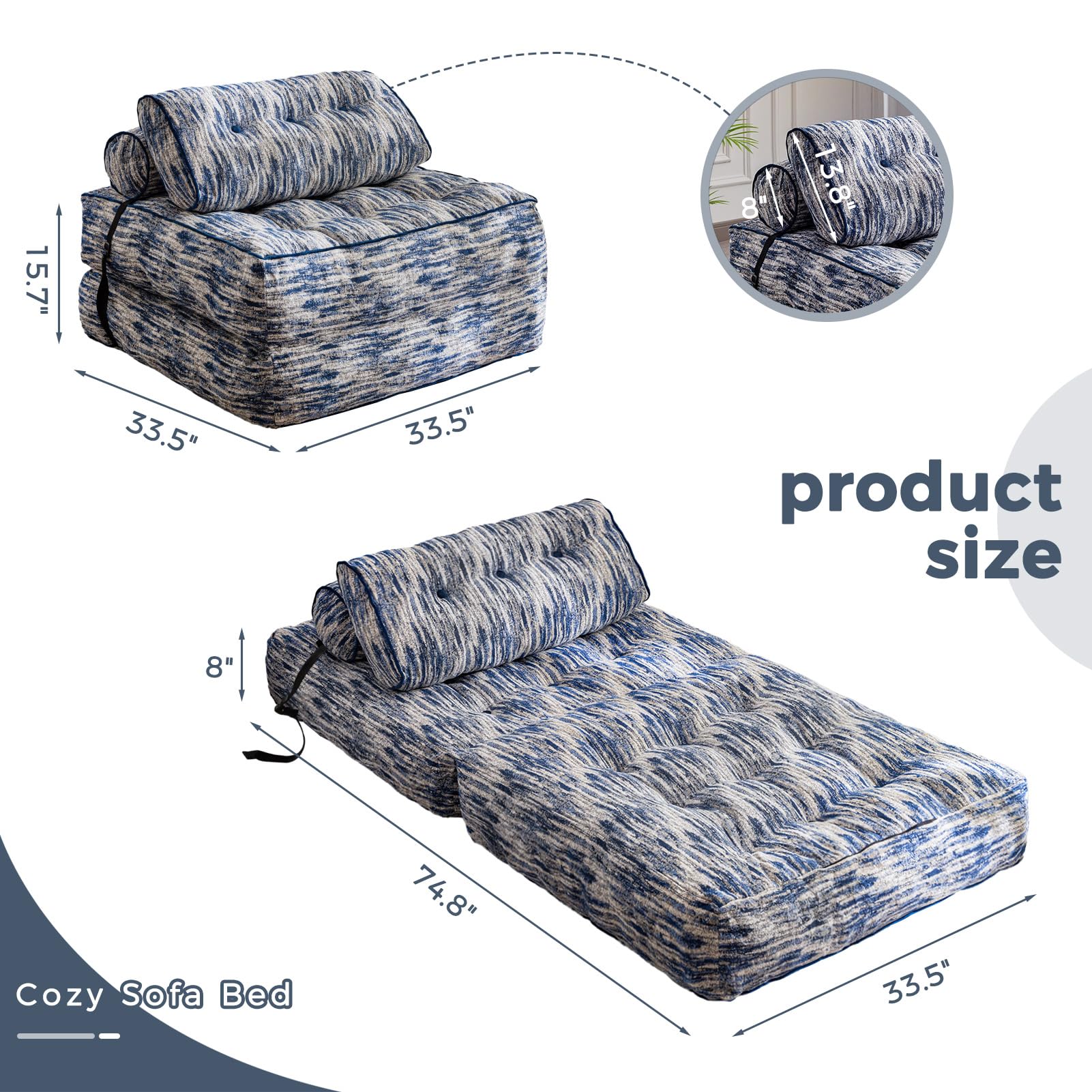 MAXYOYO Folding Sofa Bed - Convertible Sleeper Chair with Pillow, Soft Fold Out Guest Bed in Mix Blue | Perfect for Small Spaces, Living Rooms & Apartments