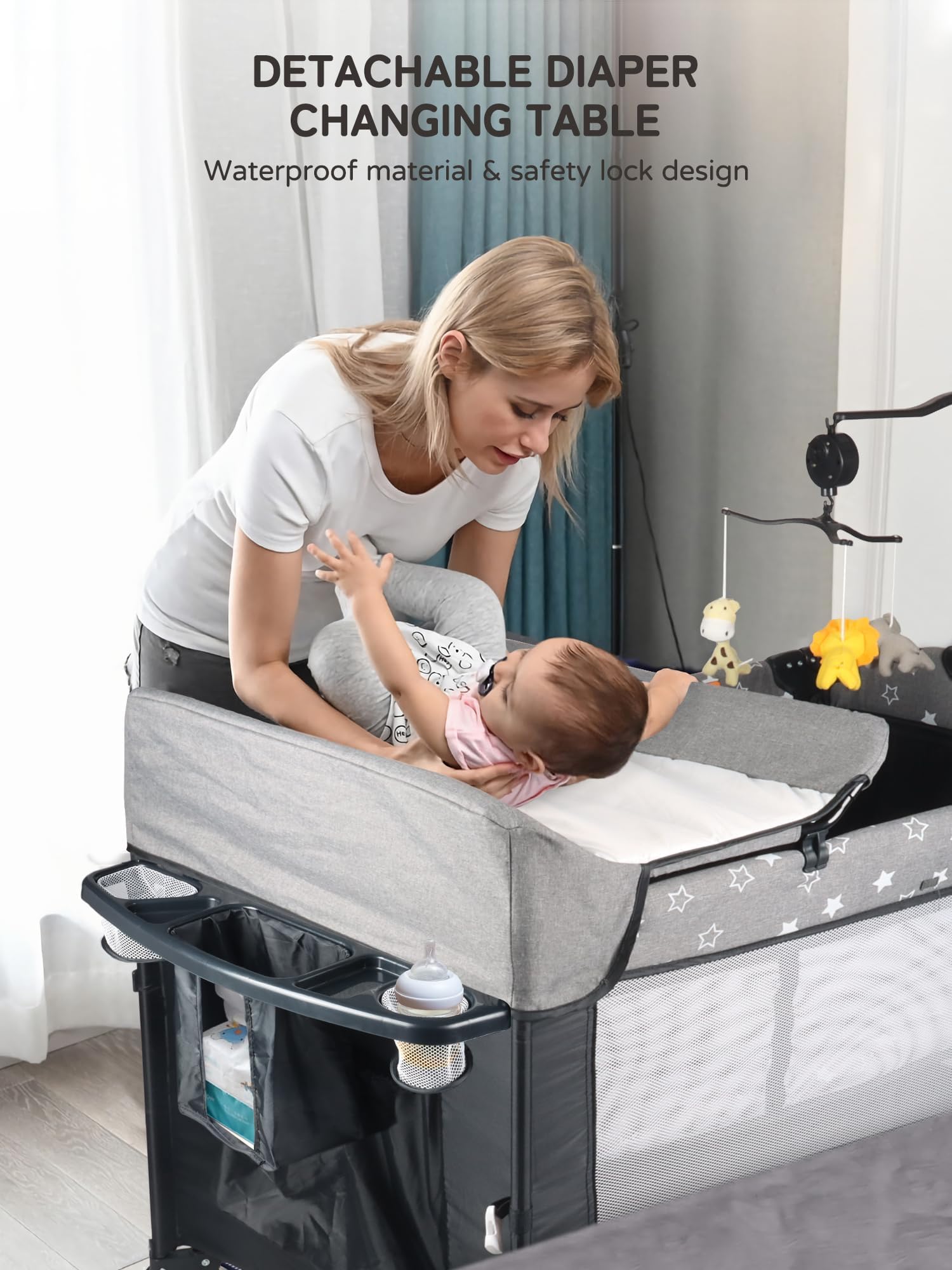 Portable 5-in-1 Baby Bassinet Bedside Crib with Mosquito Net, Mattress & Diaper Changer - Convertible Playpen for Newborns to Toddlers (0-24 Months) - Ideal for Nursery, Bedroom Co-Sleeping & Travel