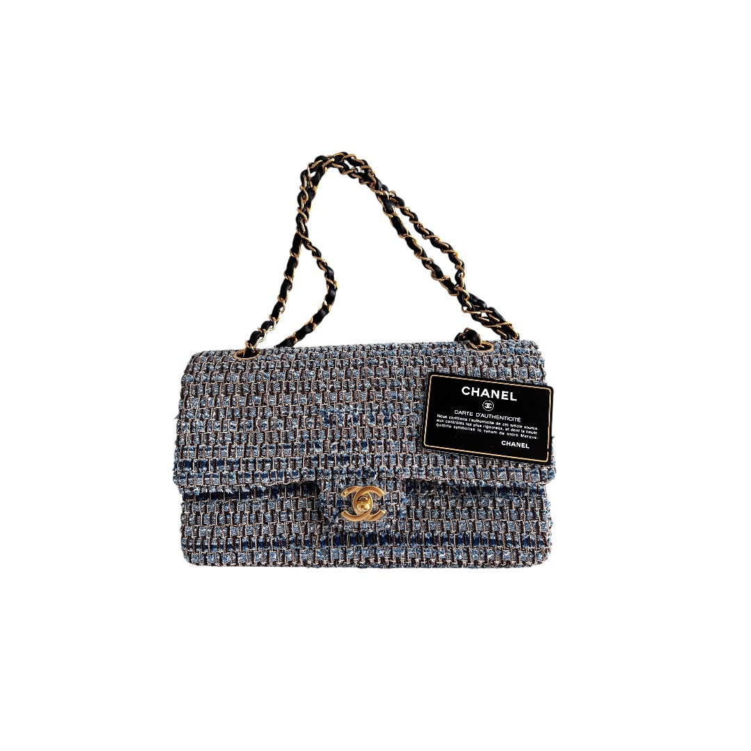 Vintage Chanel Medium Blue Tweed Double Flap Bag - Authentic Pre-Owned Luxury Handbag for Women | Perfect for Parties, Weddings & Special Occasions
