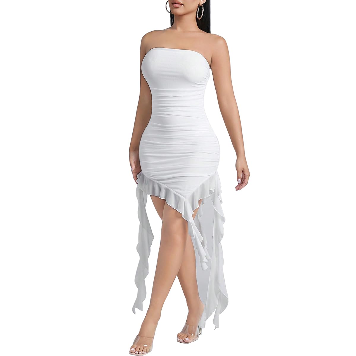 SHESEEWORLD Women's Y2K Sexy Tassel Tube Top Short Dress - Ruffled Sleeveless Off-Shoulder Bodycon Mini Party Dress for Club, Night Out, Date Night & Summer Vacation