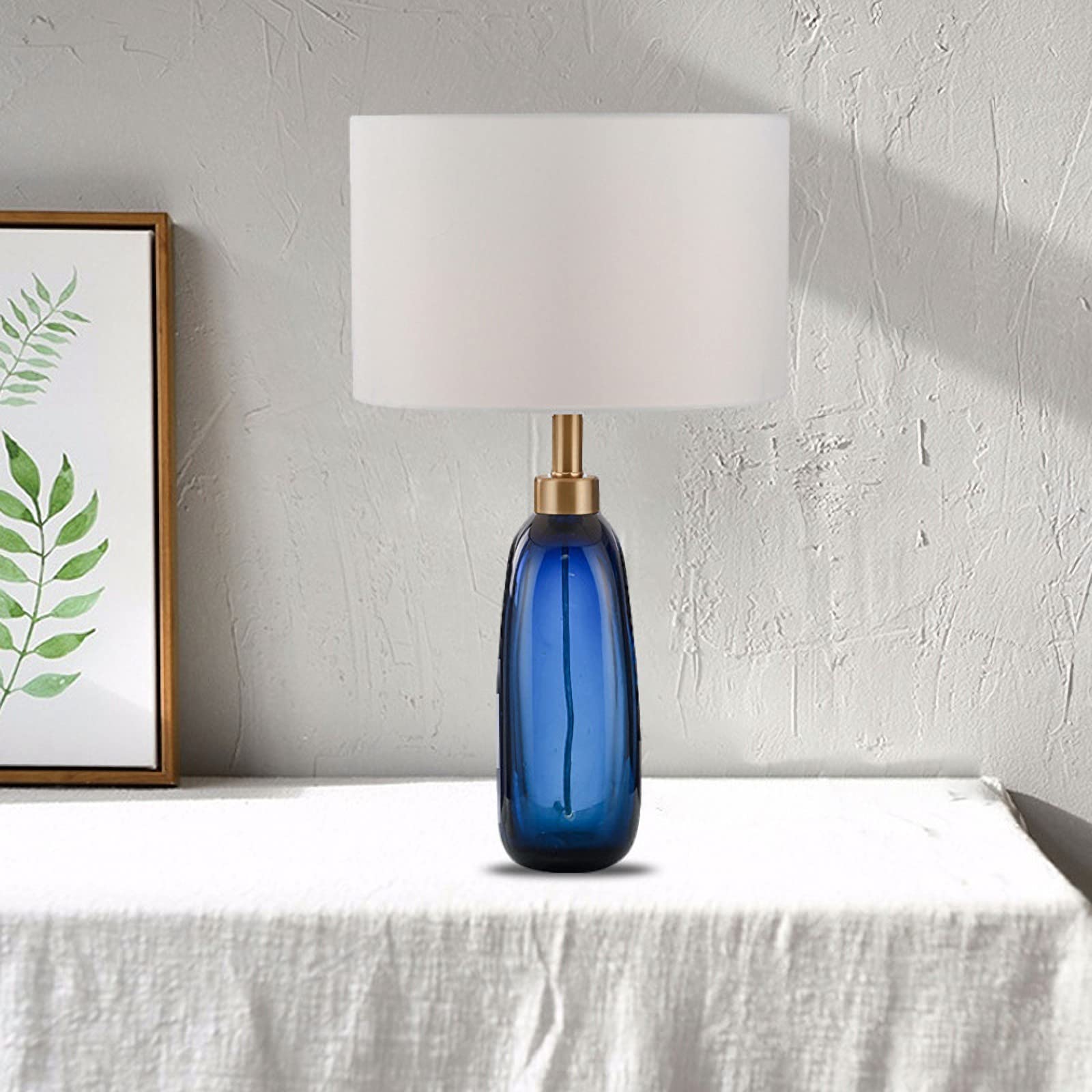 Nordic Blue Glass Desk Lamp - Modern Oval Deskside Lamp with White Fabric Shade, Nightstand Lighting for Living Room, Bedroom, Home Office & Entryway | Perfect for Reading, Working & Ambient Lighting