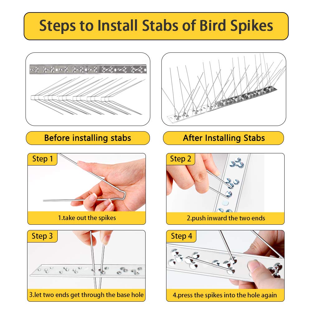 Stainless Steel Bird Spikes for Pigeons & Small Birds - 30 Feet (28 Strips) | Cat Proof Bird Deterrent Spikes for Roof, Balcony, Garden & Window Sills