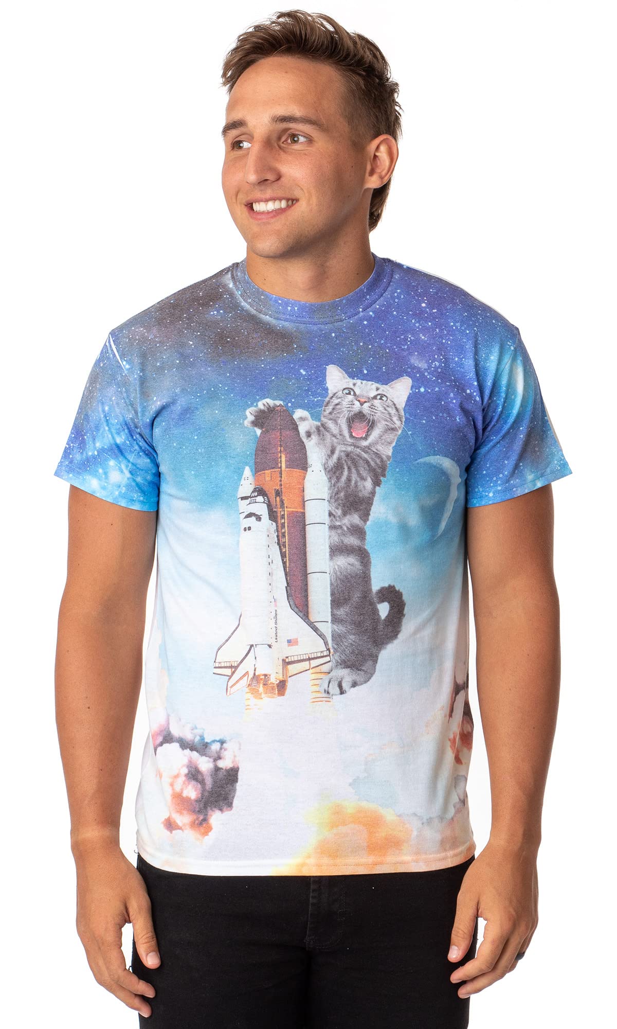 Space Kitty Men's Catstronaut Space Shuttle Blast Off Graphic T-Shirt - Funny Astronaut Cat Design for Sci-Fi Fans & Space Enthusiasts | Perfect for Casual Wear, Cosplay & Gift Giving
