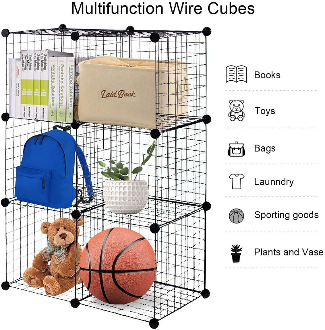Safeplus DIY Wire Cube Storage Shelves - 6-Cube Stackable Bookcase, Closet Organizer & Grid Shelf for Home, Office, Dorm | Black | Perfect for Books, Toys, Clothes & Home Organization
