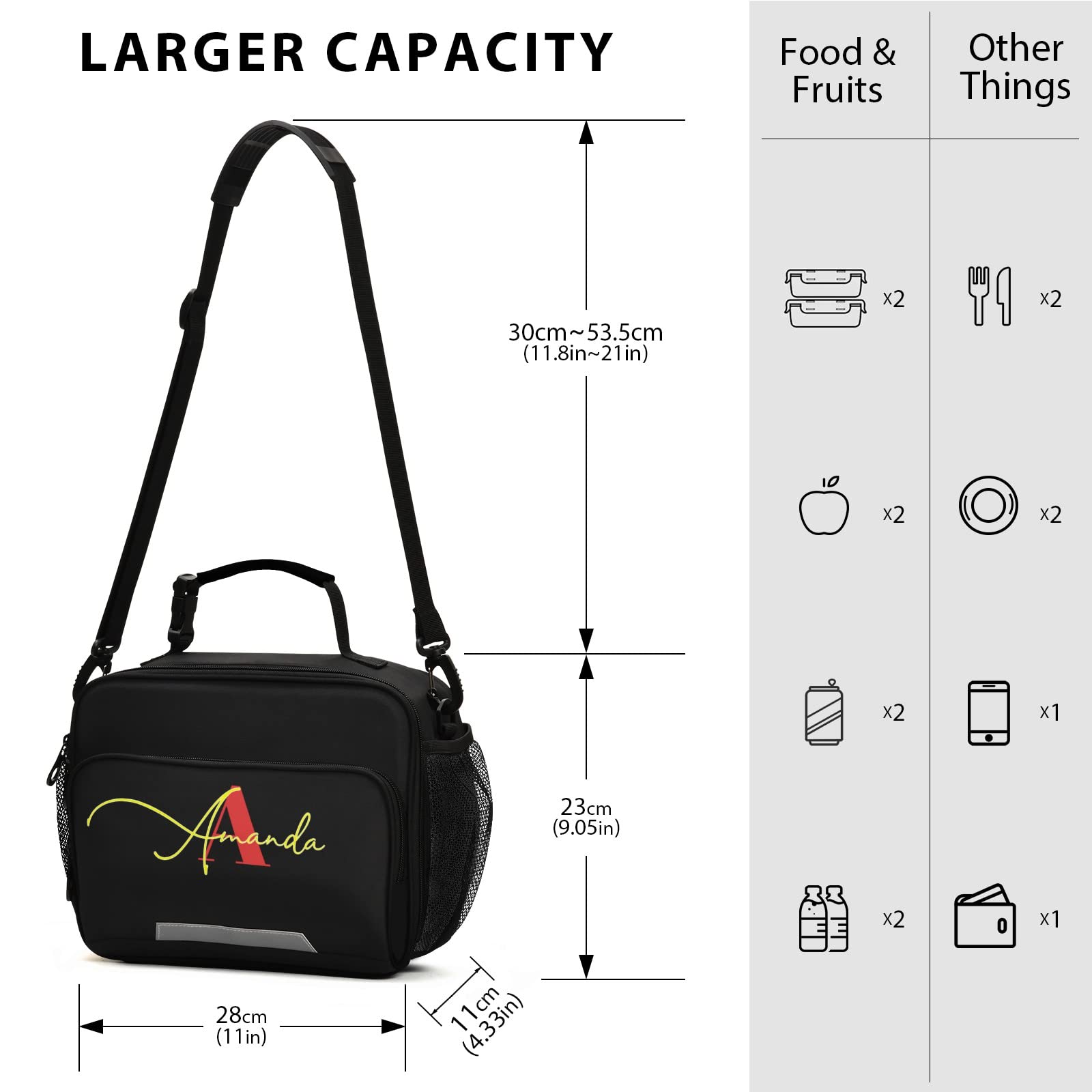 Custom Insulated Lunch Bag for Women & Students - Lightweight Black Lunch Box with Adjustable Shoulder Strap - Perfect for Work, School, Picnic & Outdoor Activities