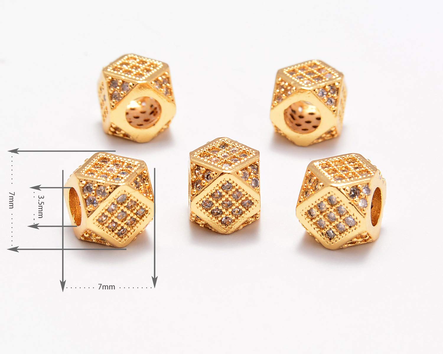5 Pcs Clear Zircon Pave Rhinestones with Big Hole - 7x7mm Gold Diamond Cut Cube Beads for Jewelry Making, DIY Crafts, and Fashion Accessories