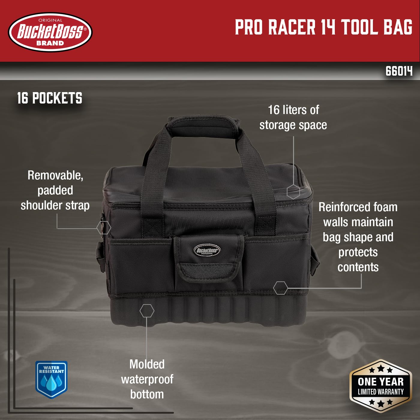 Bucket Boss Pro Racer 14 Tool Bag - Professional Series (66014) | Durable Construction for Mechanics & DIY Enthusiasts | Perfect for Auto Repair, Construction & Home Improvement Projects