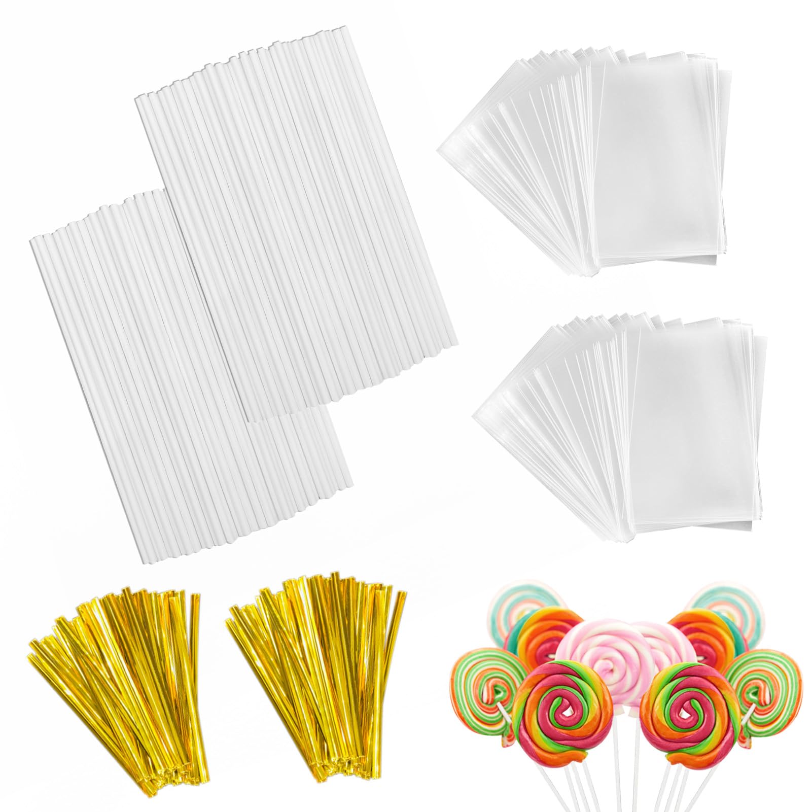 600Pcs Cake Pop Sticks Kit - 200 Lollipop Sticks, 200 Wrappers & 200 Twist Ties for Candy, Chocolate & Cookie Wrapping - DIY Baking Supplies for Parties, Gifts & Dessert Decorating