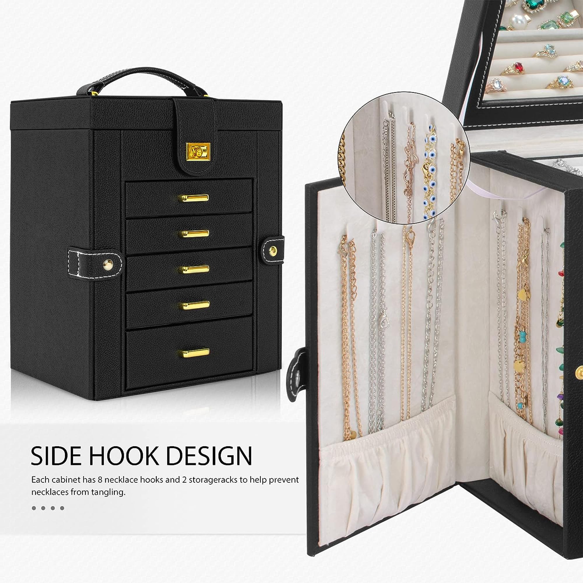 AKOZLIN Leather Jewelry Box Organizer for Women - Elegant Storage Case with Mirror for Rings, Necklaces, Earrings & Bracelets | Perfect for Travel, Home Vanity & Gift Giving