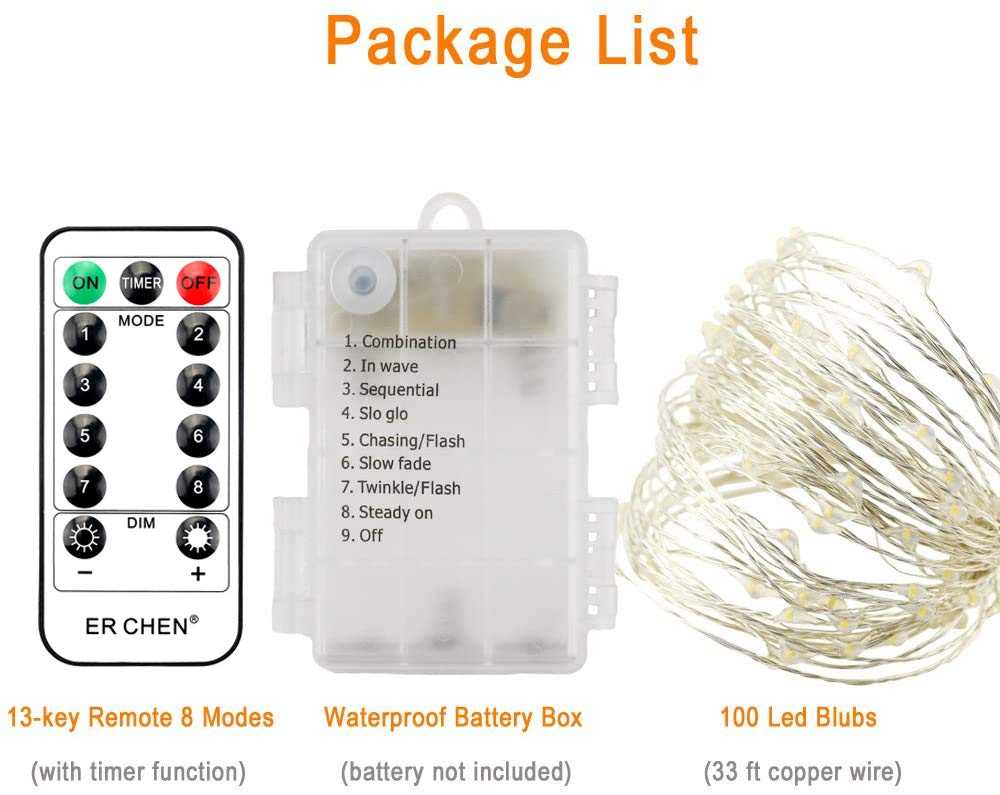 Battery Operated Silver Copper Wire LED String Lights - 33FT 100 LEDs, 8 Modes Dimmable Waterproof Fairy Lights with Remote Control & Timer - Perfect for Indoor Outdoor Wedding, Bedroom, Party, Garden Decoration (White)