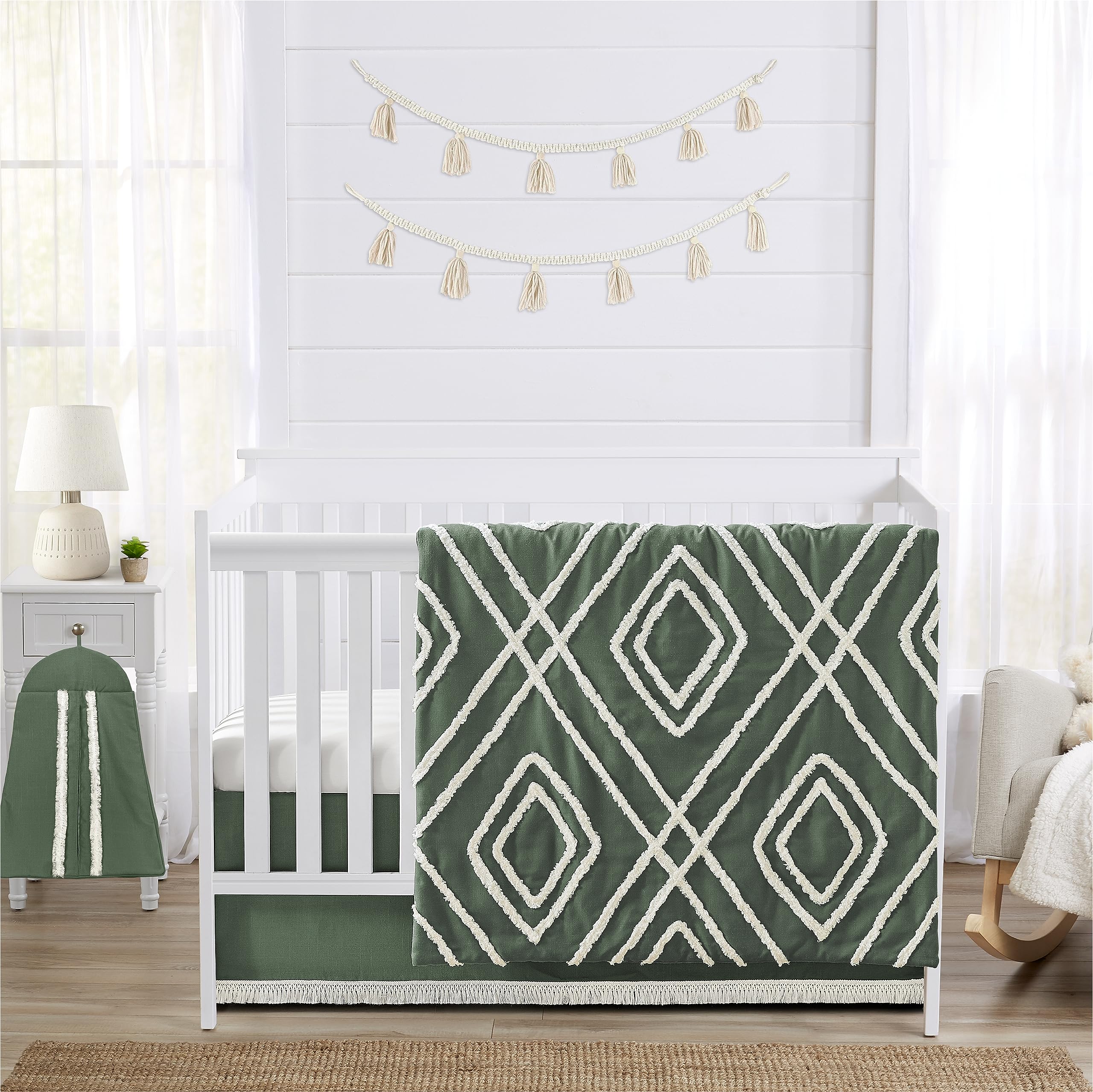 Sweet Jojo Designs Dark Green Boho Arrow Baby Crib Bedding Set - 4 Piece Nursery Set with Blanket, Fitted Sheet, Skirt & Diaper Stacker | Gender Neutral, Modern Bohemian Farmhouse Style for Infant Room Decor | Perfect for Southwest Themed Nurseries & Diamond Tufted Cribs
