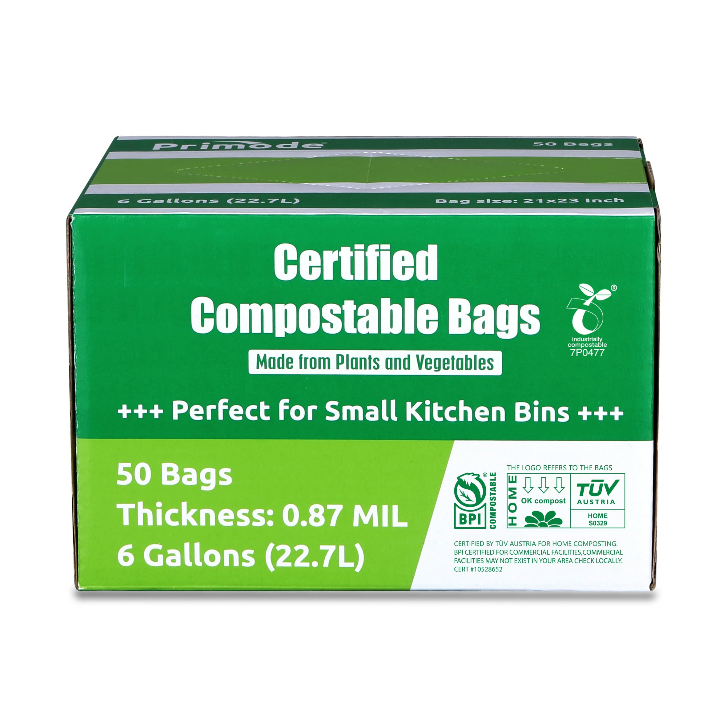 Primode 6 Gallon Compostable Trash Bags - 50 Count Extra Thick 0.87 Mil ASTM D6400 Certified BPI & TÜV AUSTRIA - Eco-Friendly Kitchen & Yard Waste Bags for Food Scraps, Organic Waste Disposal & Composting