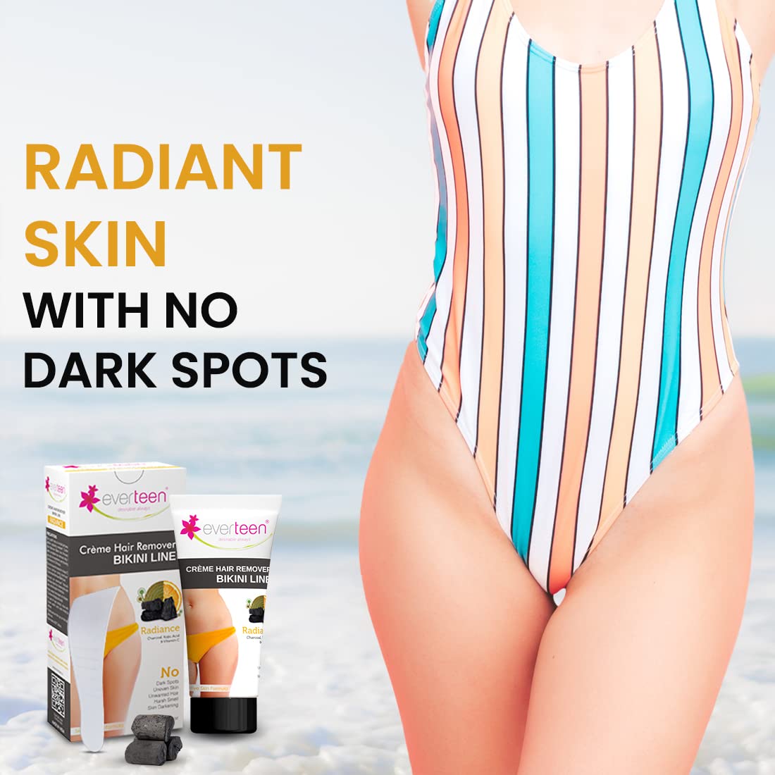 Everteen Radiance Bikini Line Hair Removal Cream with Activated Charcoal, Kojic Acid & Vitamin C - 50g | Painless Hair Remover for Women | Smooth Skin for Bikini, Underarms & Legs