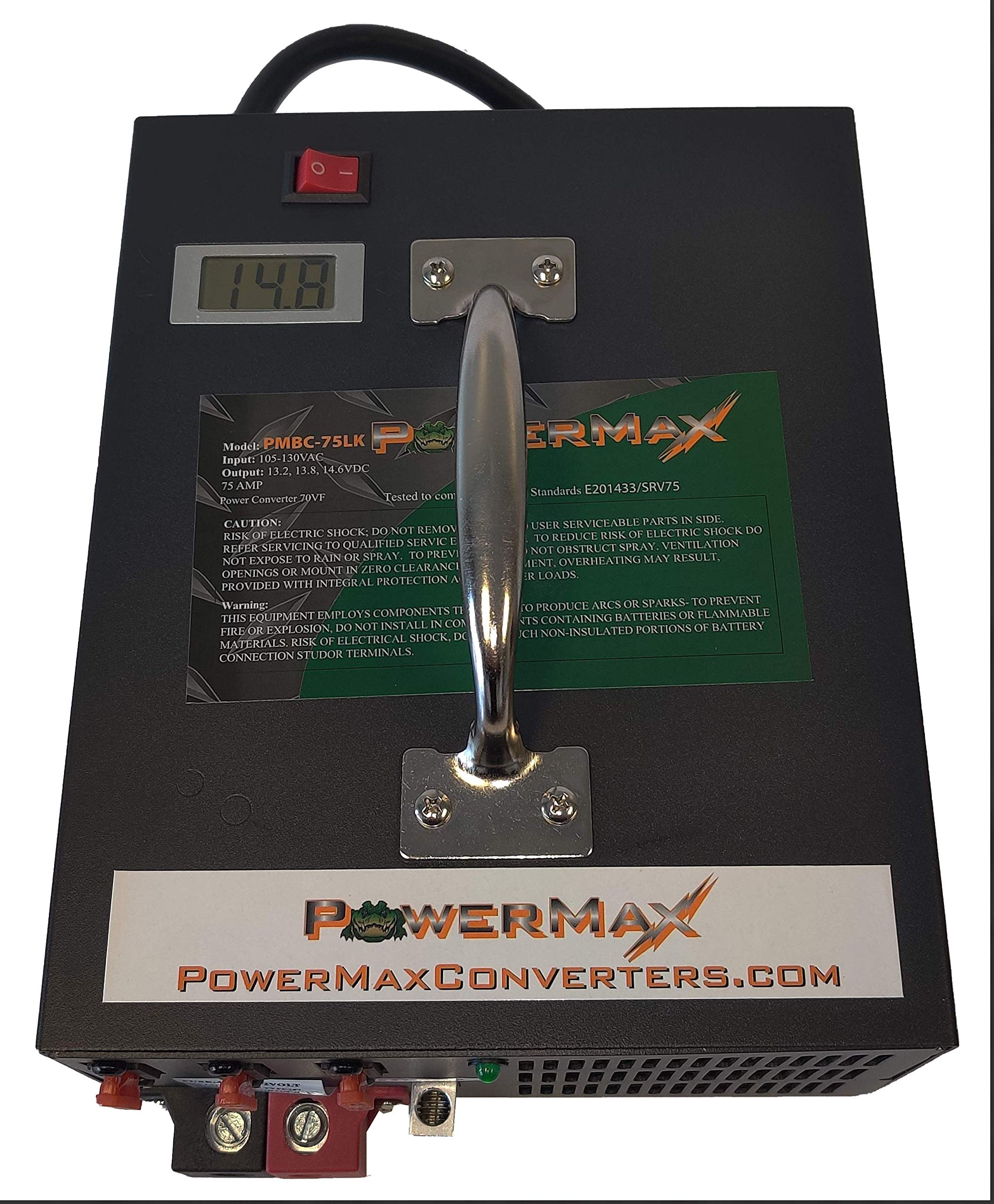 PowerMax PMBC-75 75 Amp 12V Battery Charger with Heavy Duty Clamps - Fast Charging for Cars, Trucks, Boats & RVs - Perfect for Home Garage, Roadside Emergencies & Marine Use