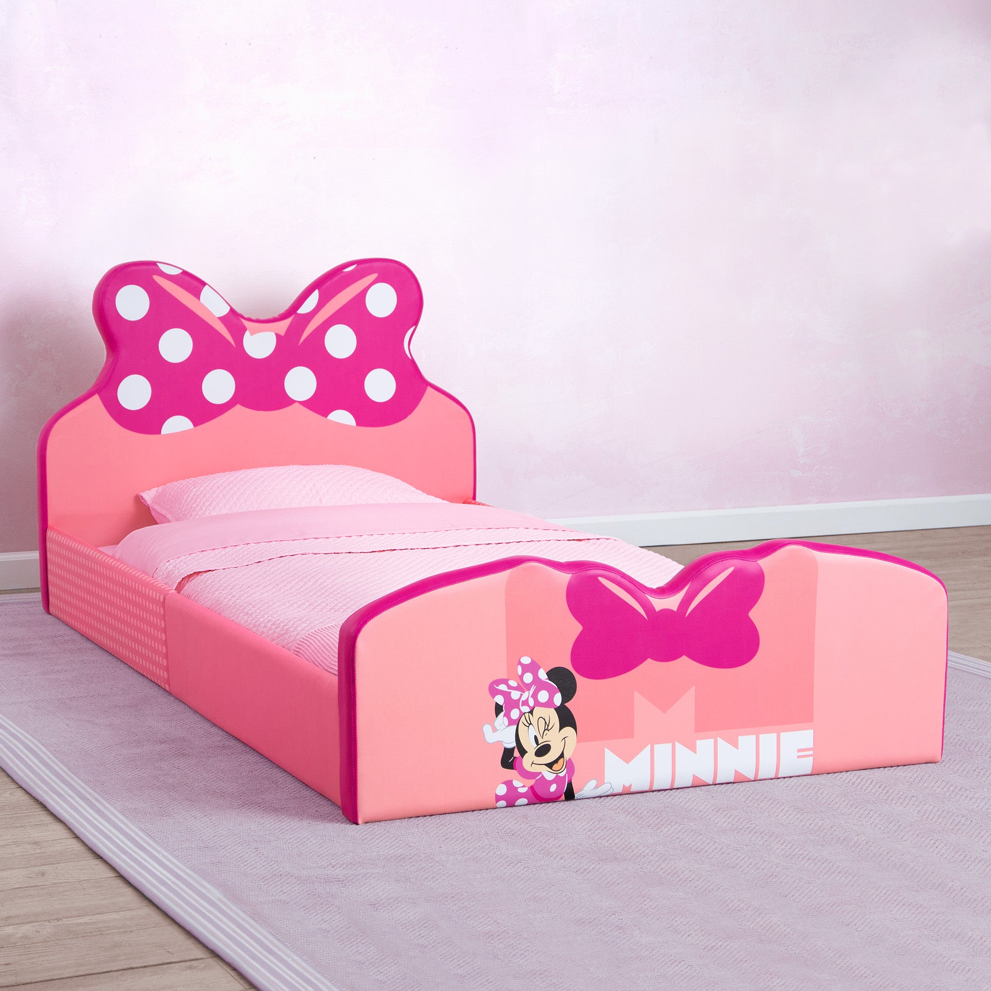 Minnie Mouse Twin Size Upholstered Bed Frame for Girls - Disney Princess Themed Kids Bedroom Furniture for Toddlers & Teens - Perfect for Bedrooms, Playrooms & Sleepovers
