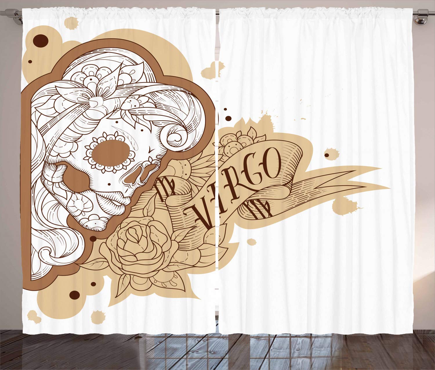 Ambesonne Zodiac Virgo Gothic Sugar Skull Curtains - Mexican Female Portrait Horoscope Tattoo Design Window Drapes, 2 Panel Set (108