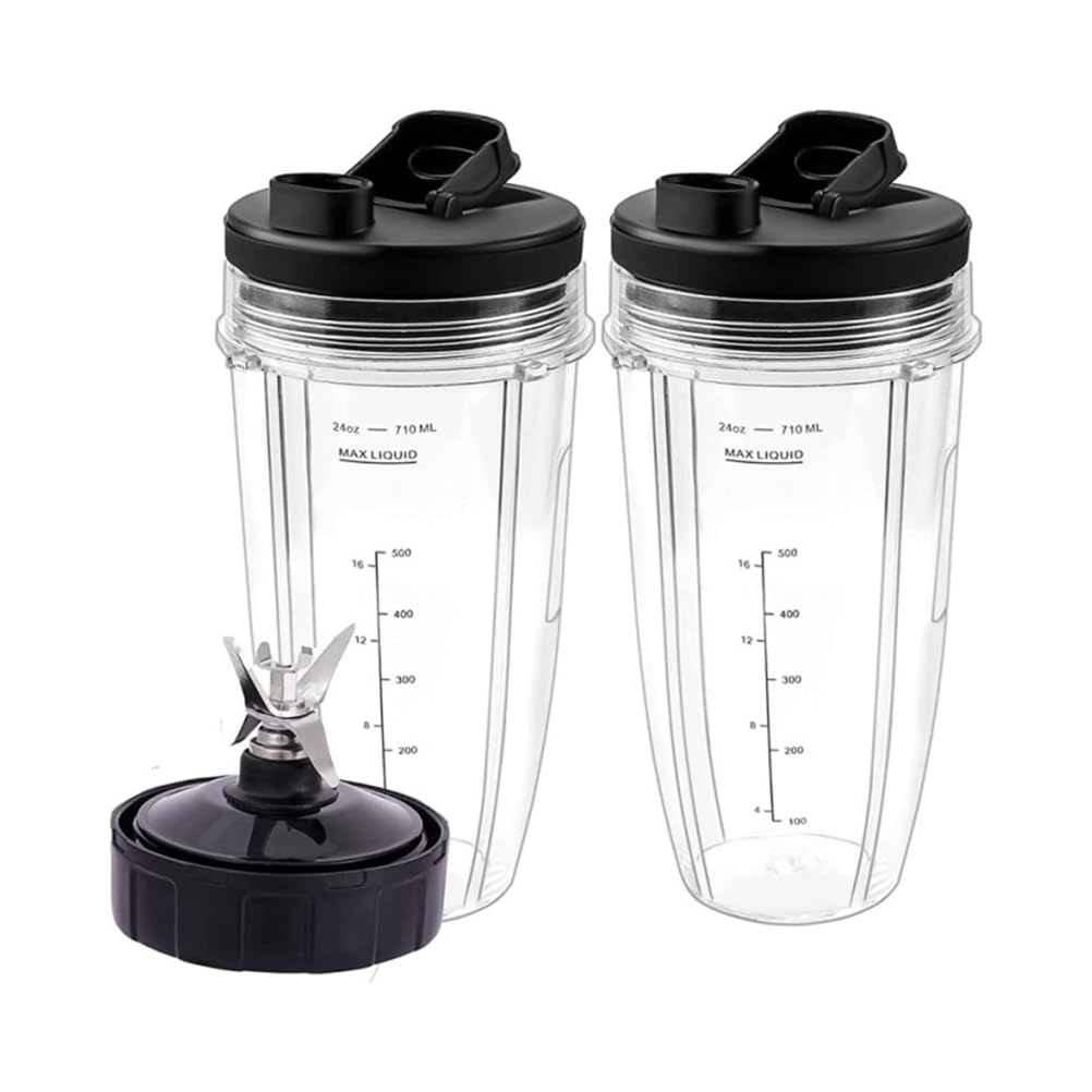 24oz Replacement Blender Cups with Travel Lids & Blade Assembly - Compatible with Nutri Ninja BN401, BN400, BN801, BN800 - Perfect for Smoothies, Juices & Meal Prep (2-Pack, BPA-Free) - Ideal for Home, Office & On-the-Go Blending