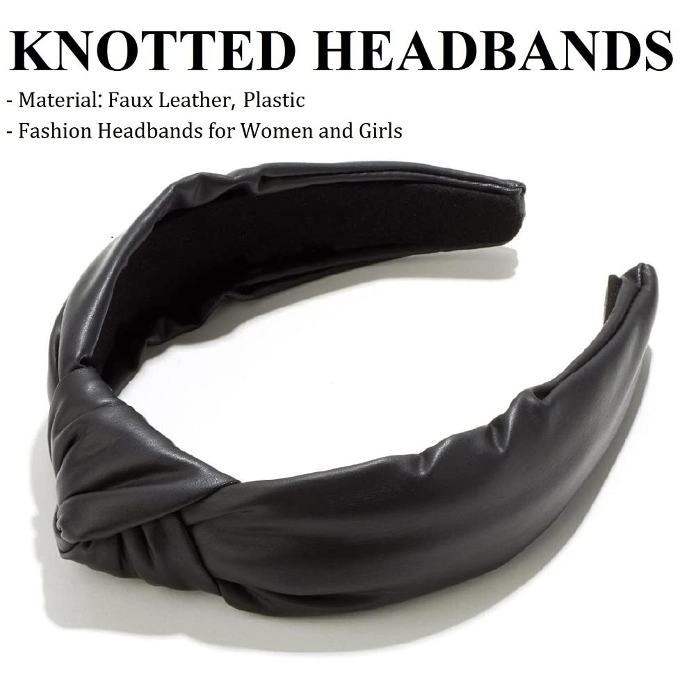 Huachi Women's Black Leather Knotted Headband - Stylish Top Knot Hair Accessory for Girls & Women | Perfect for Workouts, Yoga, and Everyday Fashion