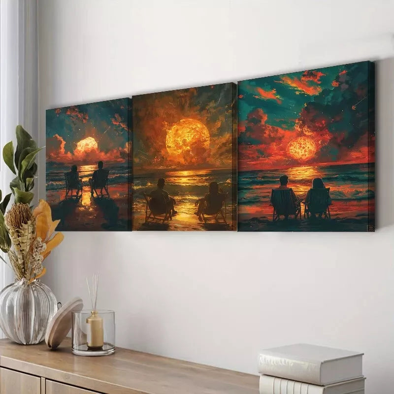 3-Piece Romantic Couple Beach Sunset Wall Art Set - Framed Canvas Paintings 40x60cm (16x24in) - High Quality Australian-Made Home Decor for Living Room, Bedroom & Office - Ready to Hang Coastal Artwork for Beach House & Vacation Home Decor