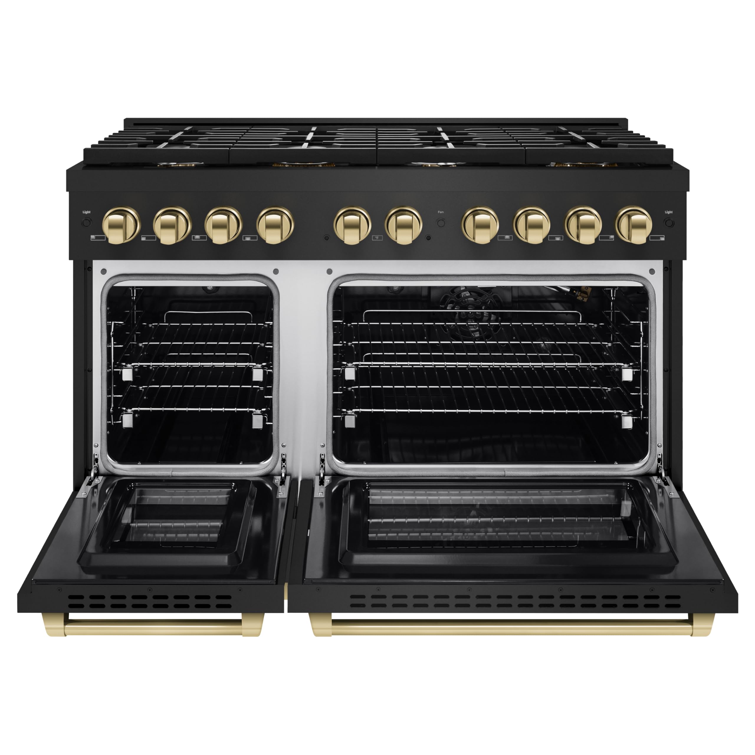ZLINE Autograph Edition 48-Inch 6.7 cu. ft. Double Oven Gas Range with 8 Burner Cooktop - Black Stainless Steel & Polished Gold Accents (SGRBZ-48-G) | Professional Kitchen Appliance for Home Chefs & Entertaining