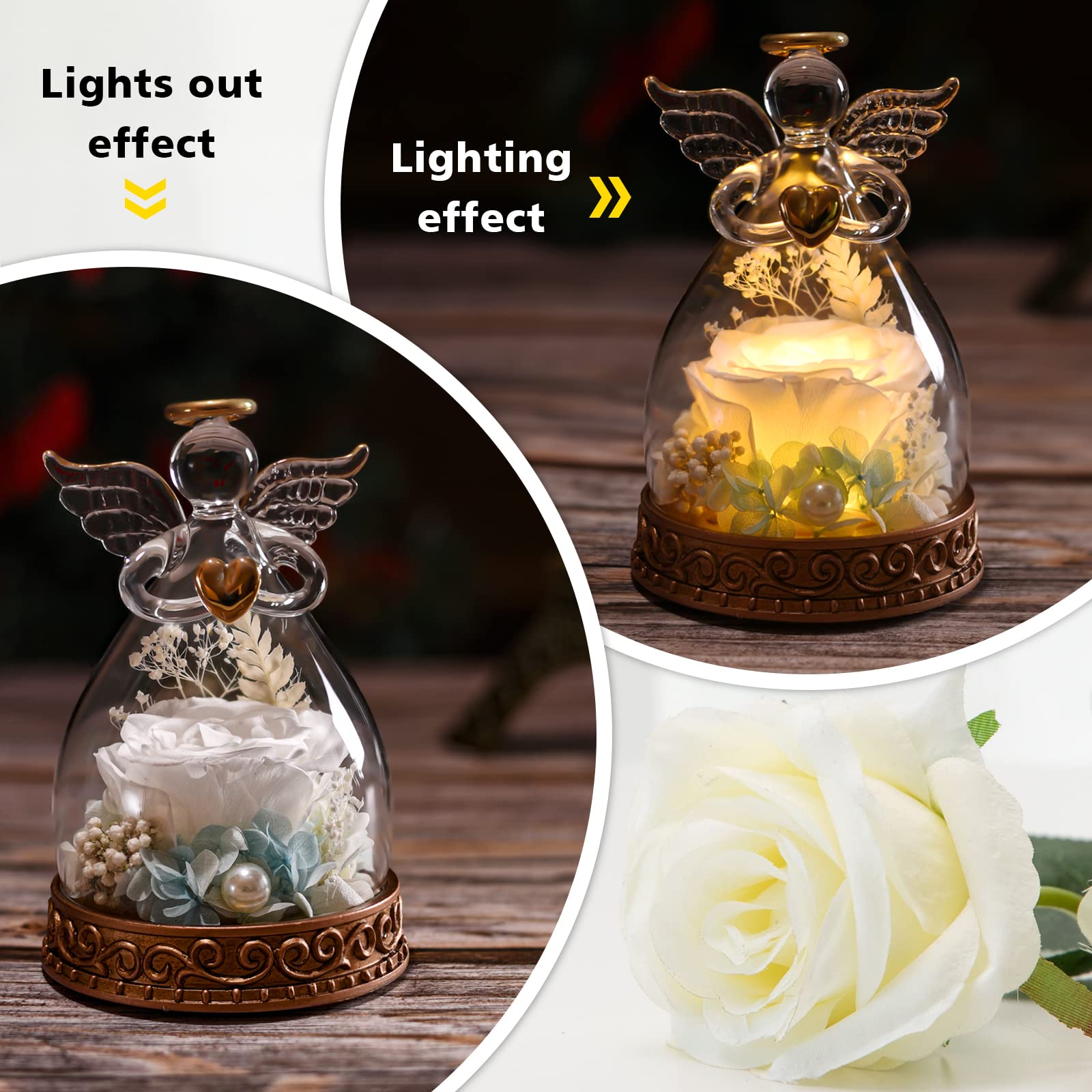 Real Preserved Rose in Glass Angel Figurine with LED Light - Romantic Angel Gift for Women, Mom, Wife, Grandma - Perfect for Mother's Day, Christmas, Birthday, Anniversary - Home Decor & Special Occasion Gift (White)