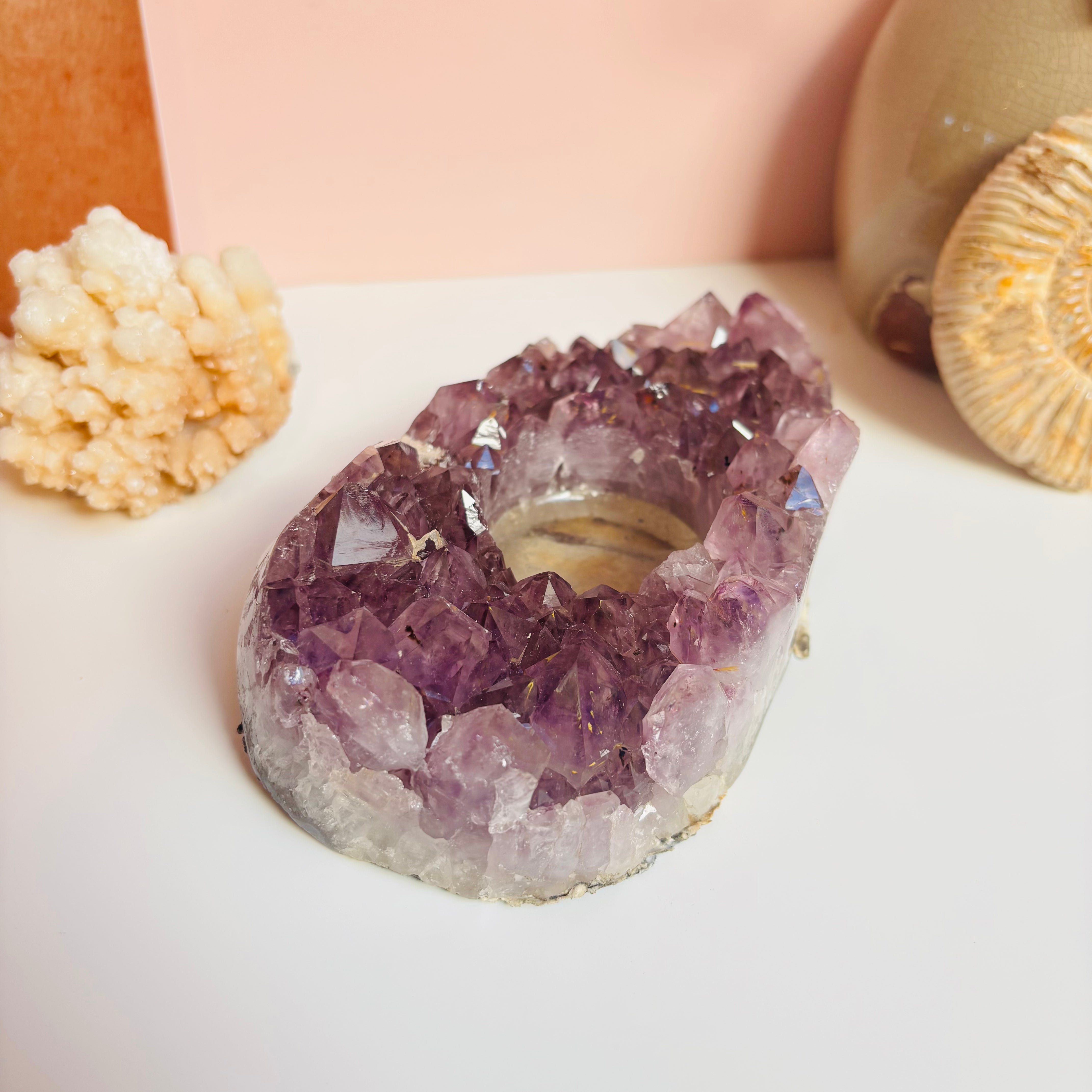 Natural Amethyst Crystal Candle Holder - Handmade Healing Stone Decor for Home, Meditation, Yoga & Relaxation - Perfect for Gifts, Spa, and Spiritual Spaces