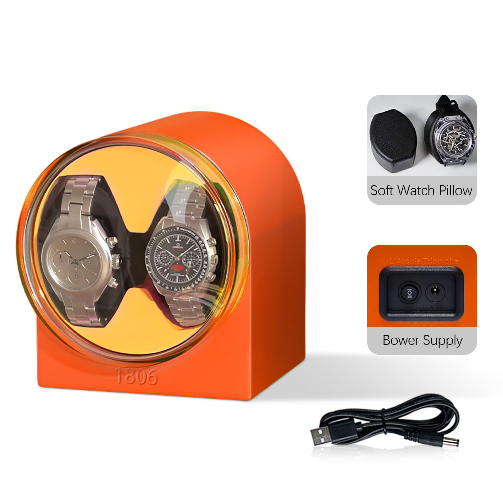 Automatic Double Watch Winder with Silent Motor - Luxury Watch Storage Case for Men & Women, Soft Flexible Watch Pillows - Perfect for Travel, Display & Watch Collection (Orange)