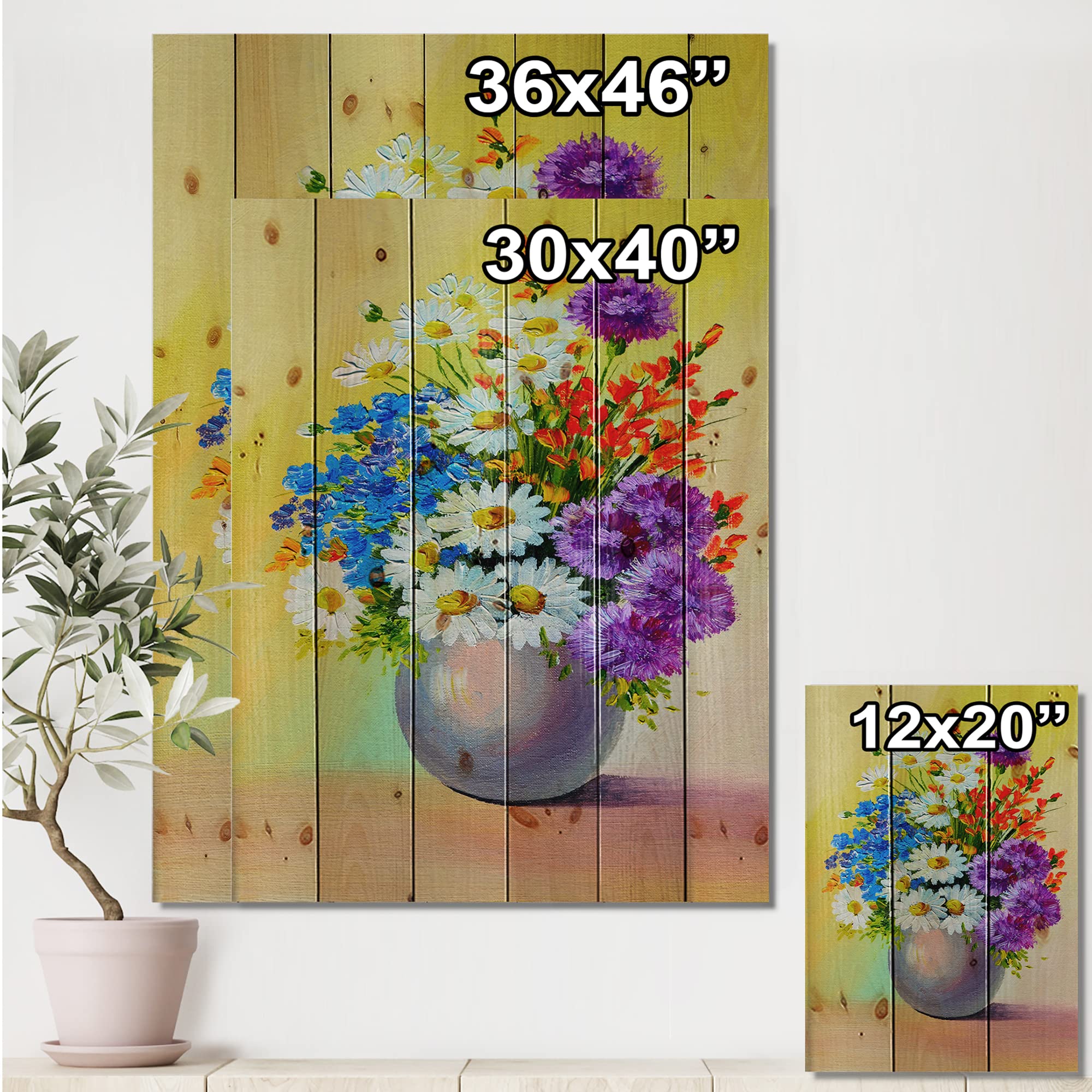 Blue Red White Floral Wood Wall Art - Large Pine Decor for Living Room