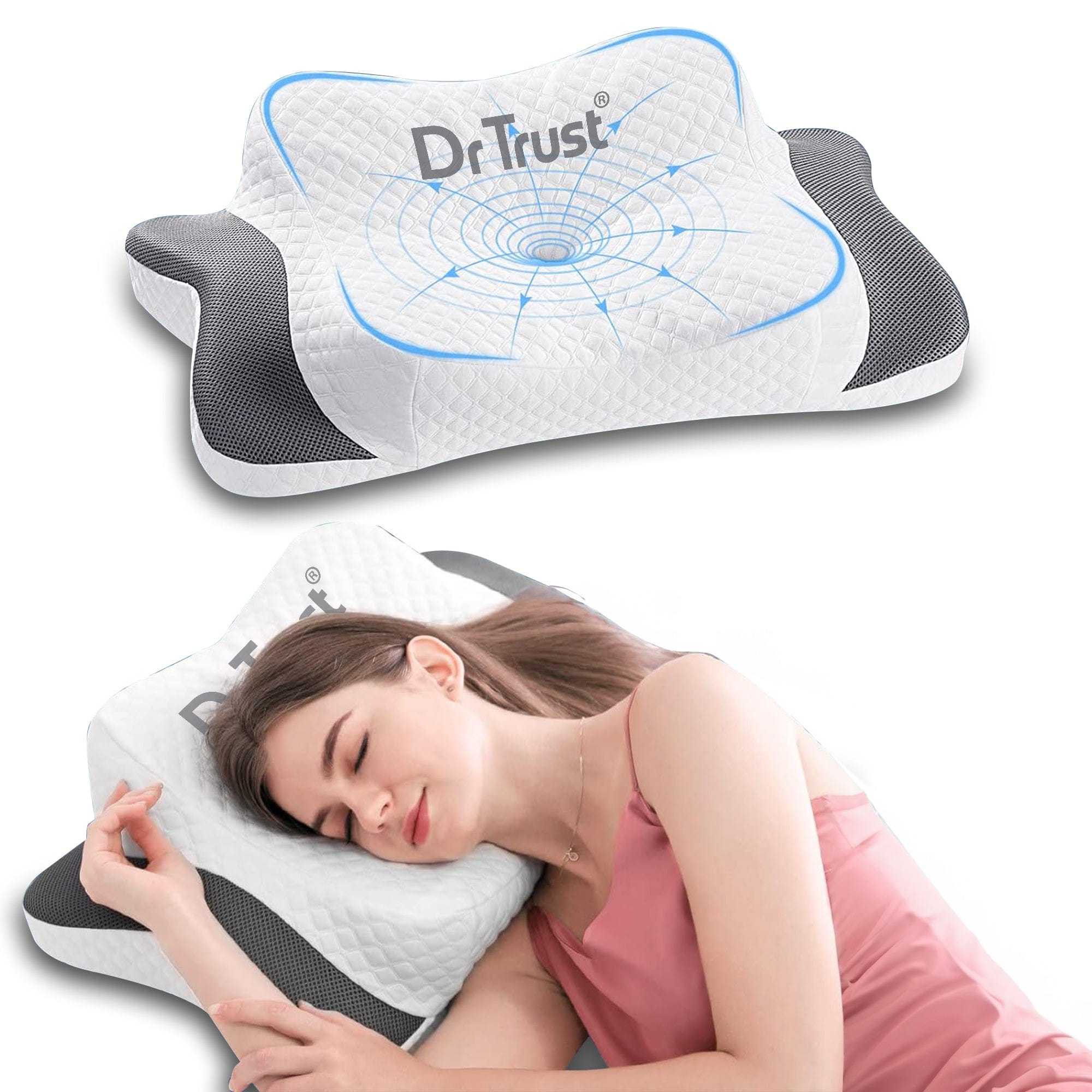 Dr Trust USA Orthopedic Memory Foam Cervical Pillow for Neck Pain Relief - Ergonomic Head & Shoulder Support Pillow for Side, Back & Stomach Sleepers - Helps with Sleep Apnea, Insomnia, Snoring & Stress - Perfect for Home, Office & Travel Use