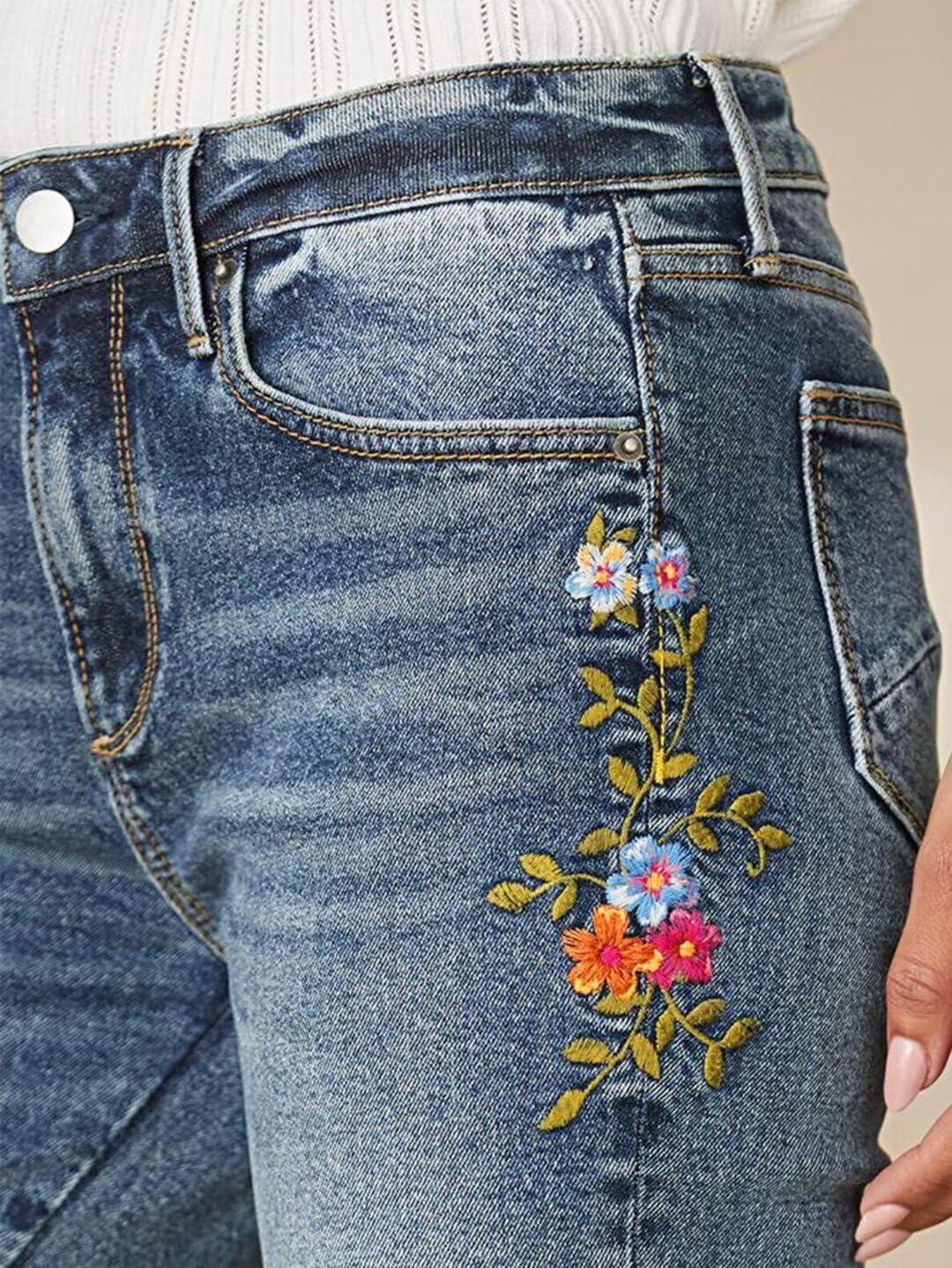 Flamingals Women's Floral Embroidery Bootcut Jeans - Mid Waist High Stretch Denim Pants with Pockets | Casual Wear, Date Night, Office Outfits