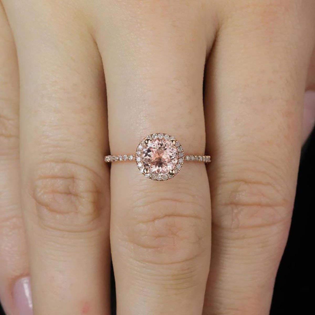 1.50 Carat Morganite Diamond Halo Engagement Ring - Round Cut Pink Morganite with 18k Gold Plating - Perfect for Proposals, Anniversaries & Romantic Occasions