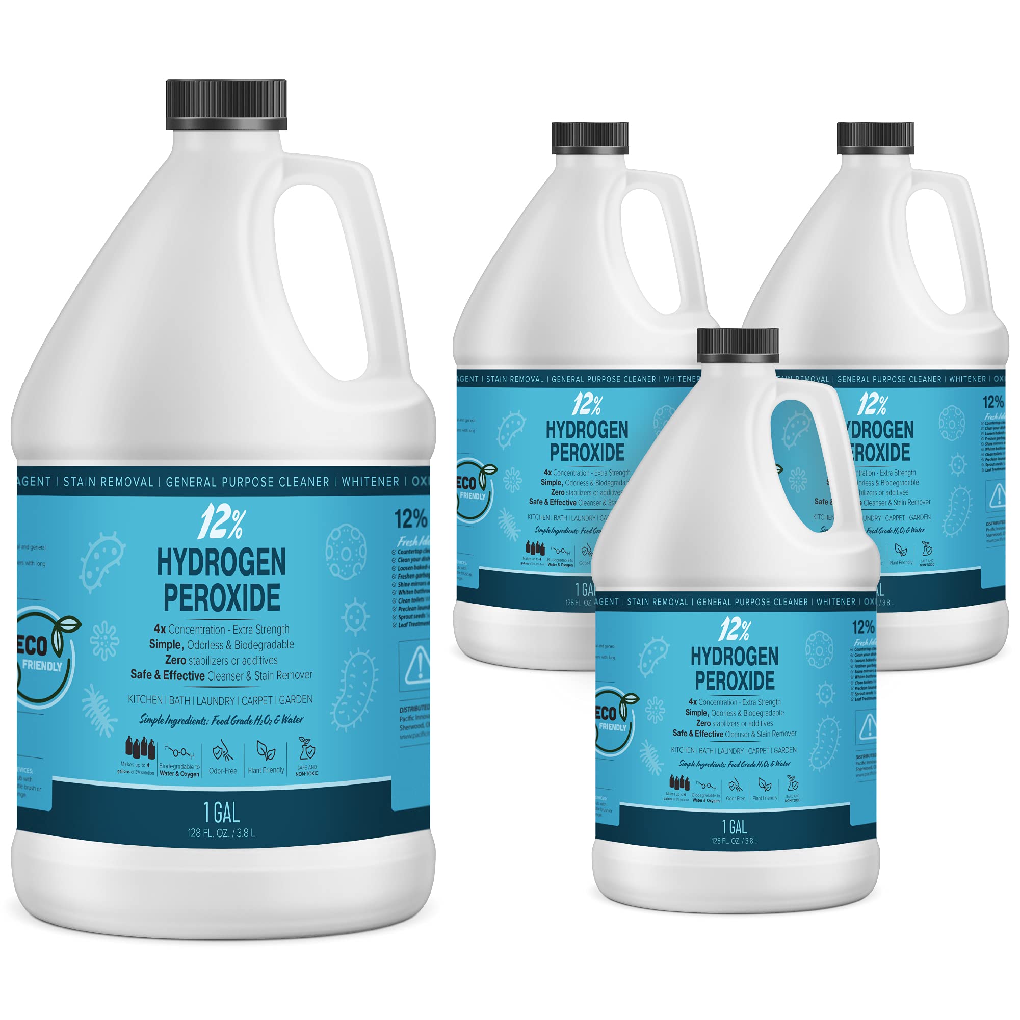 12% Food-Grade Hydrogen Peroxide Solution - Natural Eco-Friendly Cleaner for Kitchen, Bathroom, Laundry & Disinfection - Made in USA in HDPE Bottle - Perfect for Stain Removal, Surface Sanitizing & Odor Elimination