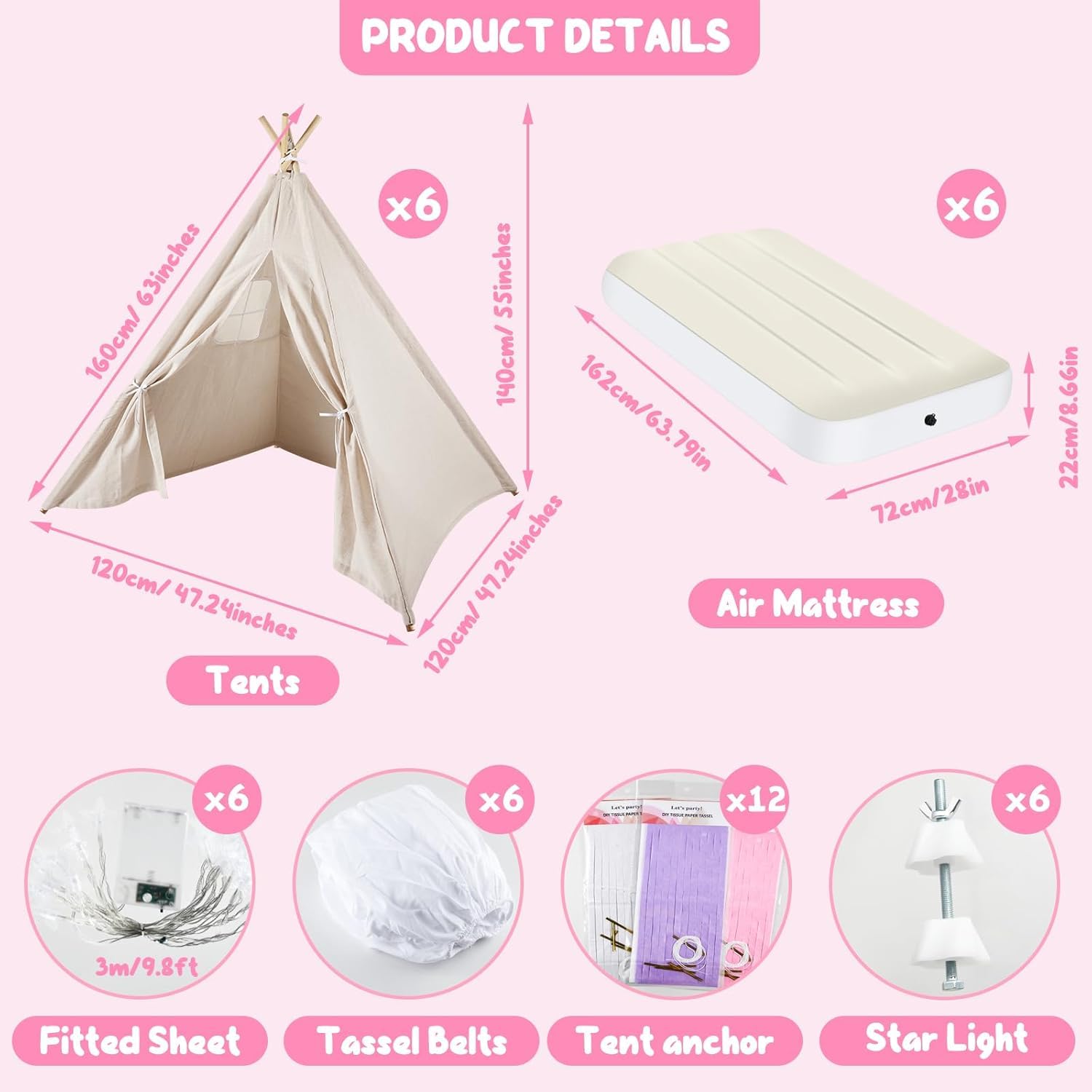 PLULON 6 Pack Kids Teepee Tent Set with Inflatable Airbed & Decorations - Play Tent for Girls Sleepover Party, Indoor Outdoor Playhouse, Christmas Birthday Gift for Toddlers (White) - Perfect for Slumber Parties, Camping Adventures & Imaginative Play