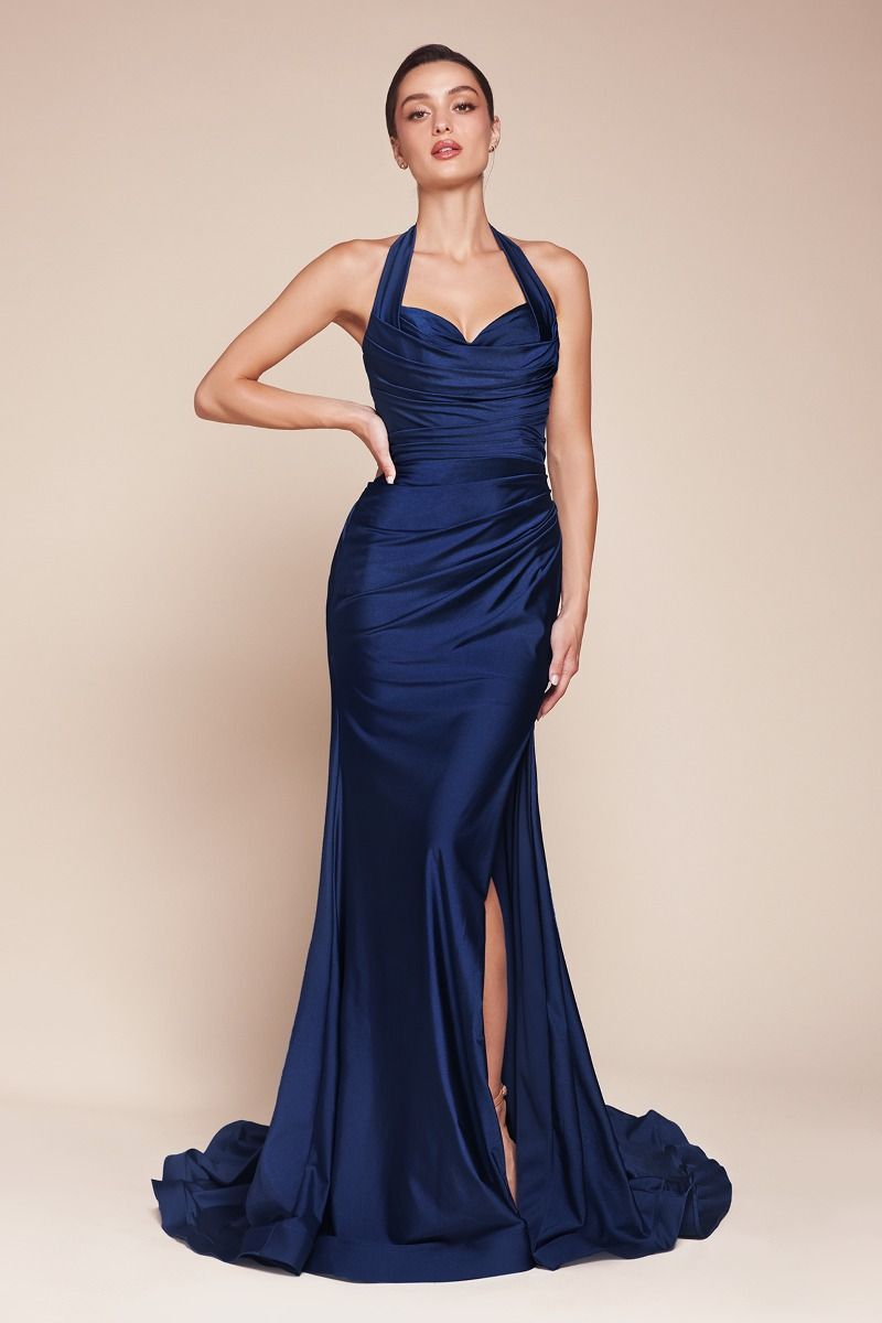 Autumn Navy Stretch Spandex Satin Halter Fitted Dress for Women | Elegant Evening Gown for Parties, Weddings & Special Occasions