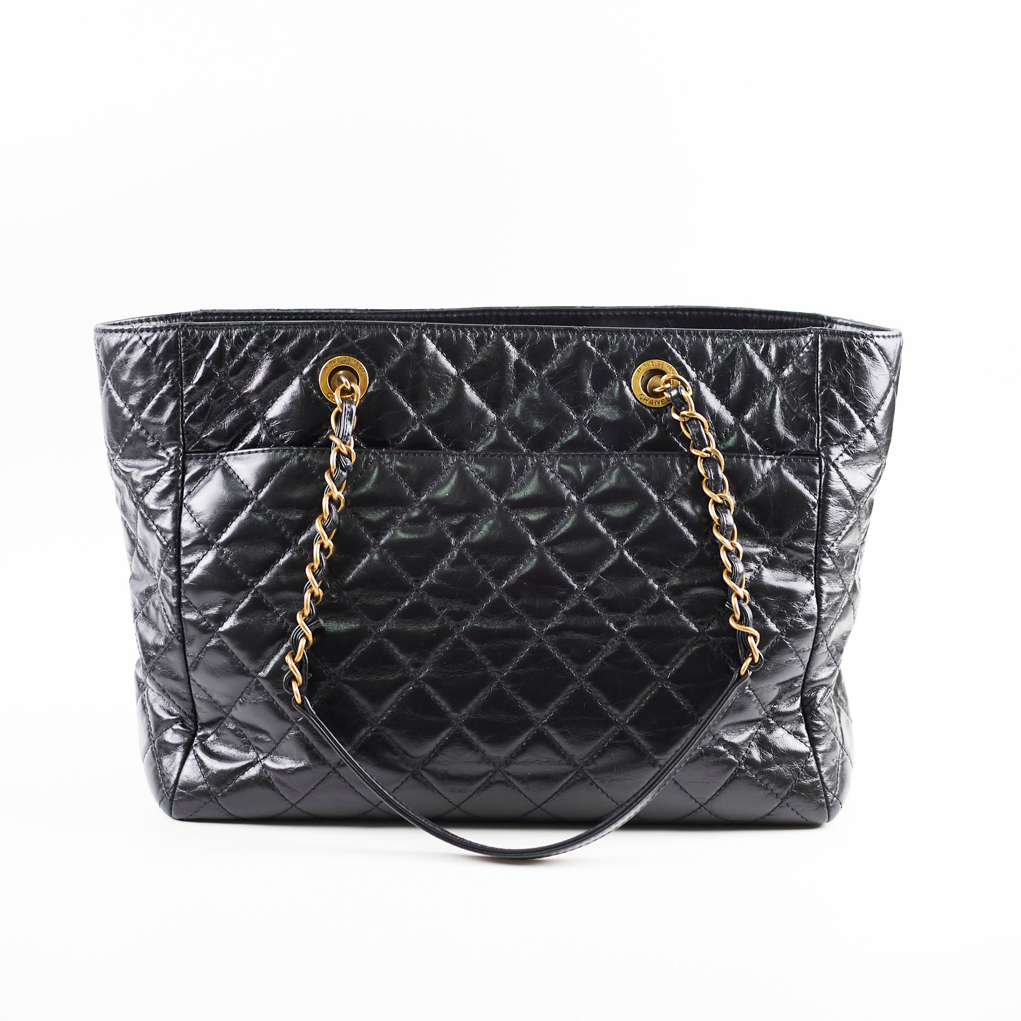 Chanel Black Shiny Calfskin Large Front Pocket Tote Bag - Luxury Designer Handbag for Women, Perfect for Work, Travel & Everyday Use