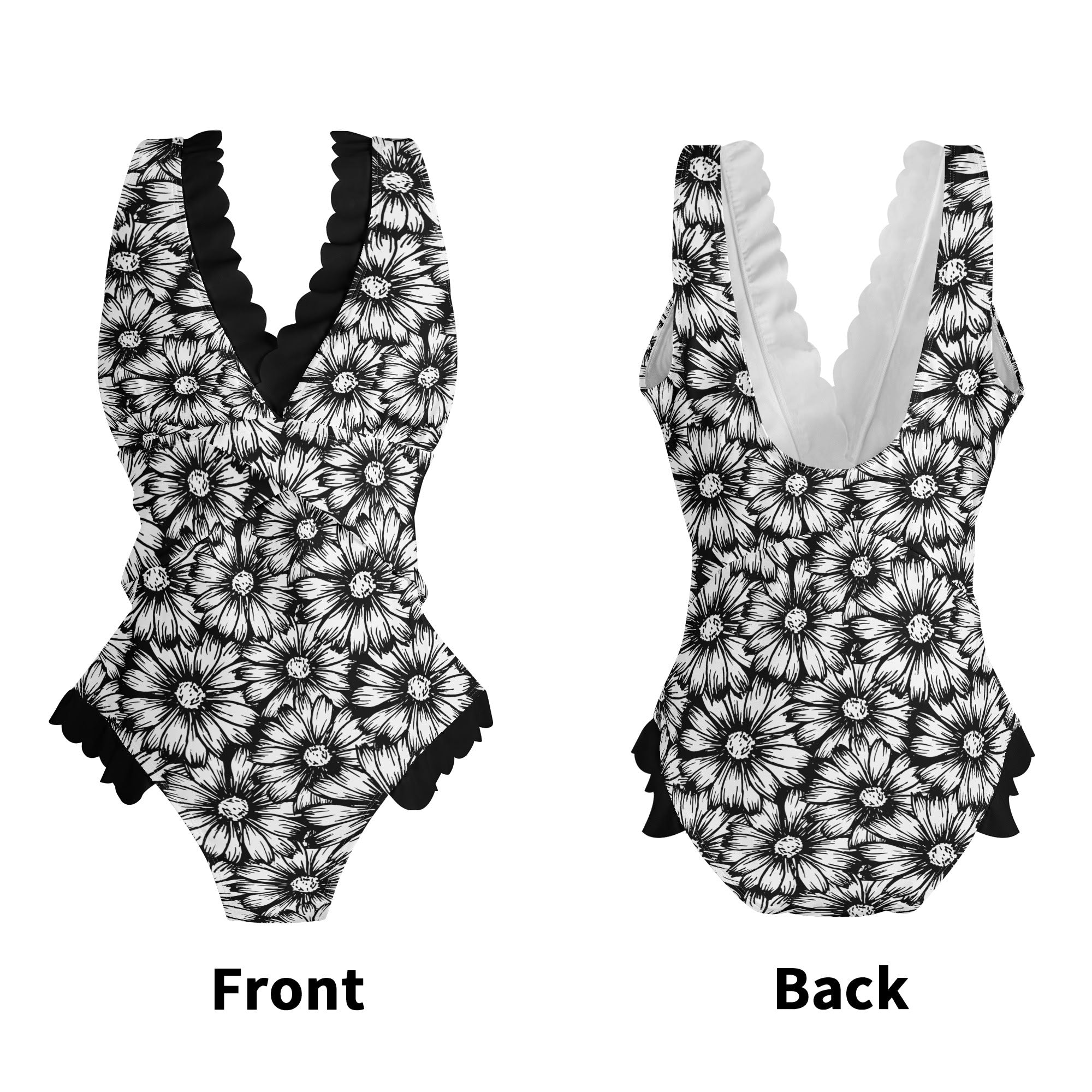 Black Sunflowers Ruffle Edge Cross Front One Piece Swimsuit for Women - Floral Print Bathing Suit with Adjustable Straps, Perfect for Beach Vacation, Pool Party & Summer Getaways