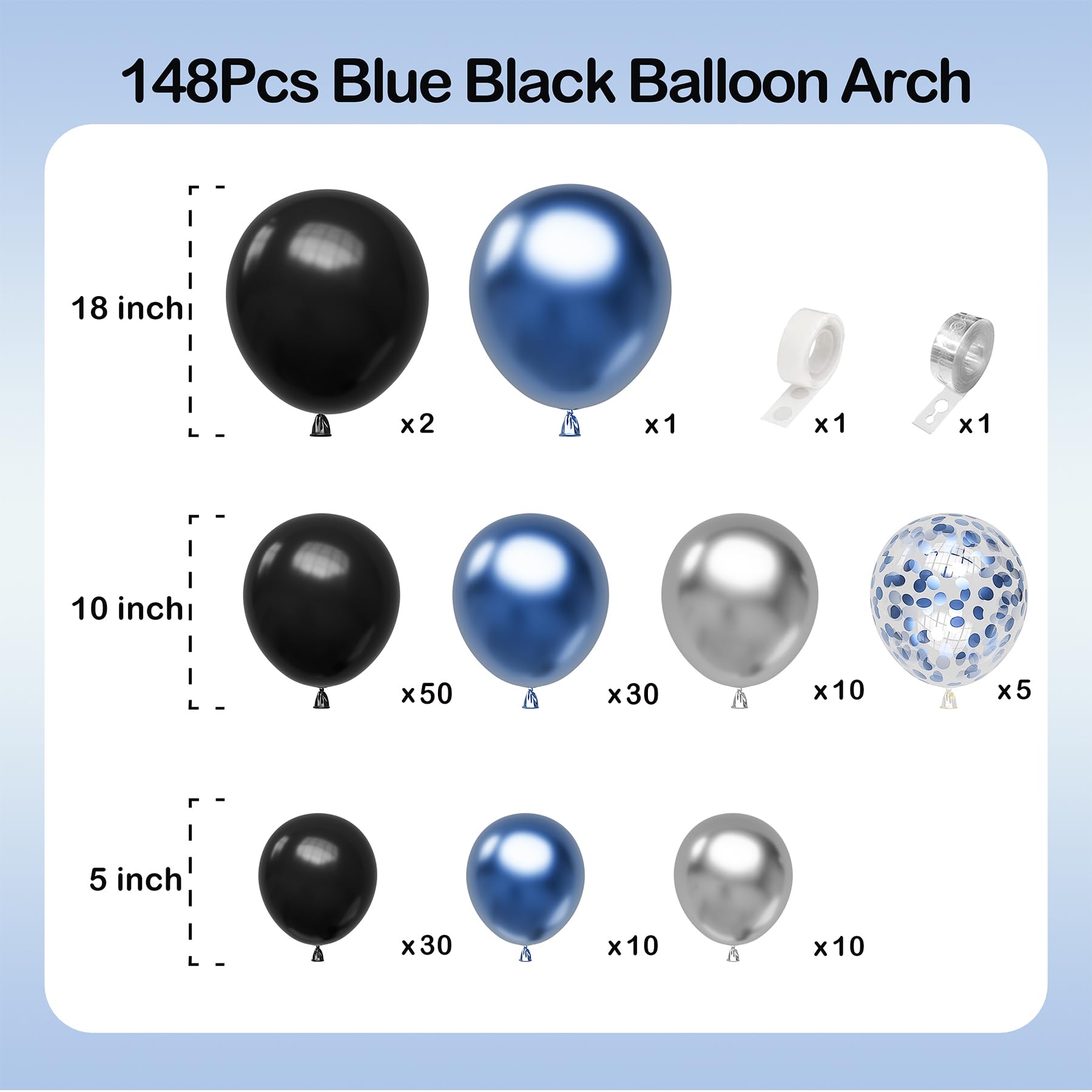 SRLODN 148Pcs Blue Silver Black Balloons Garland Arch Kit - Metallic Confetti Balloons for Baby Shower, Birthday, New Year, Graduation, Anniversary, Retirement Party Decorations | Perfect for Indoor & Outdoor Events, Photo Backdrops, and Celebration Decor
