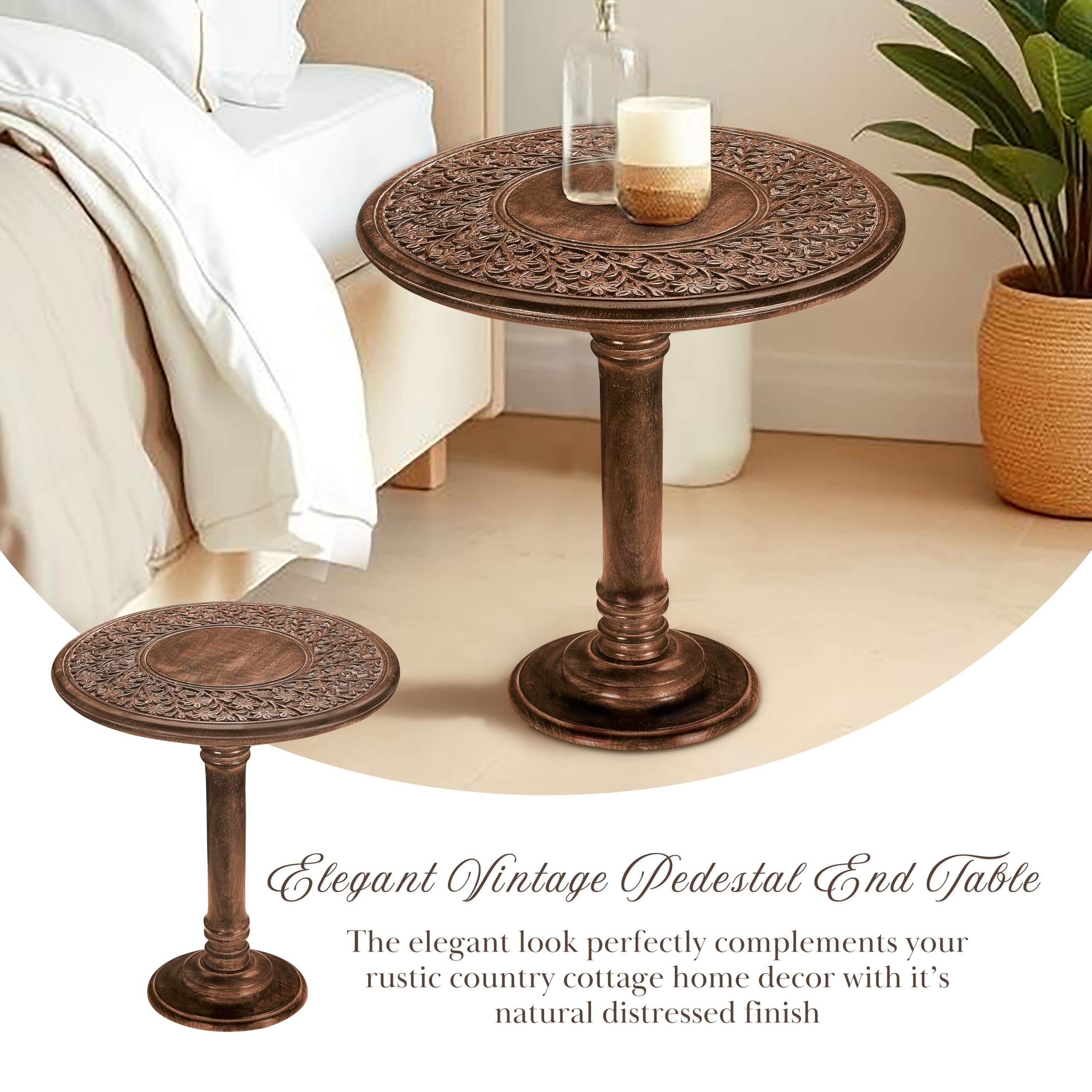 Handcrafted Wooden Coffee Table - 18x22 Inch Single Pillar End Table, Small Nightstand, Carved Side Table for Living Room & Bedroom - Perfect for Magazines, Books & Plants (Burnt Finish) - Ideal for Small Spaces, Apartments, and Cozy Home Decor