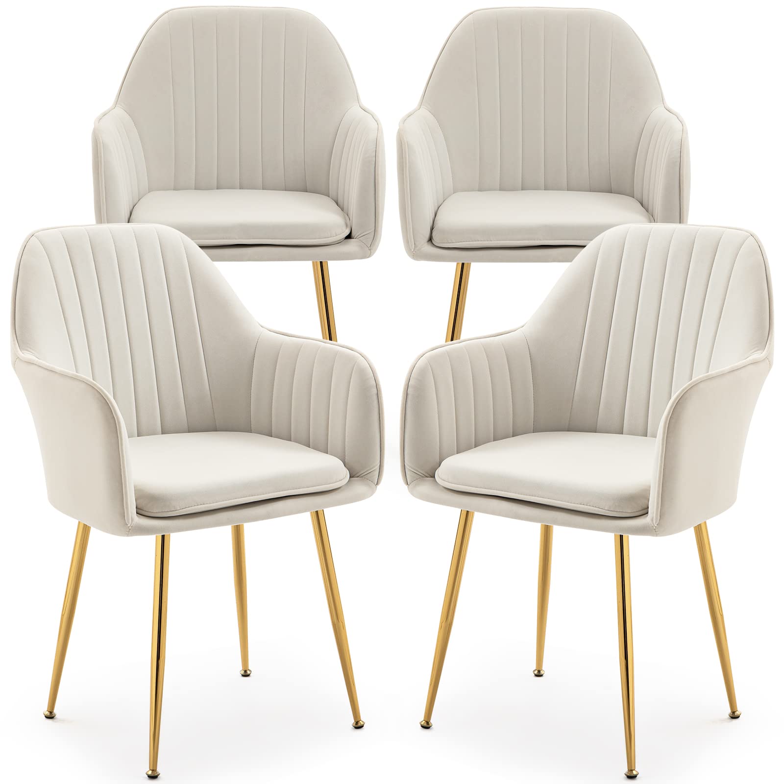 AVAWING Mid-Century Modern Velvet Dining Chairs Set of 4 - Light Beige Upholstered Armchairs with Golden Metal Legs for Living Room, Dining Room & Guest Seating | Elegant Home Decor & Comfortable Club Chairs