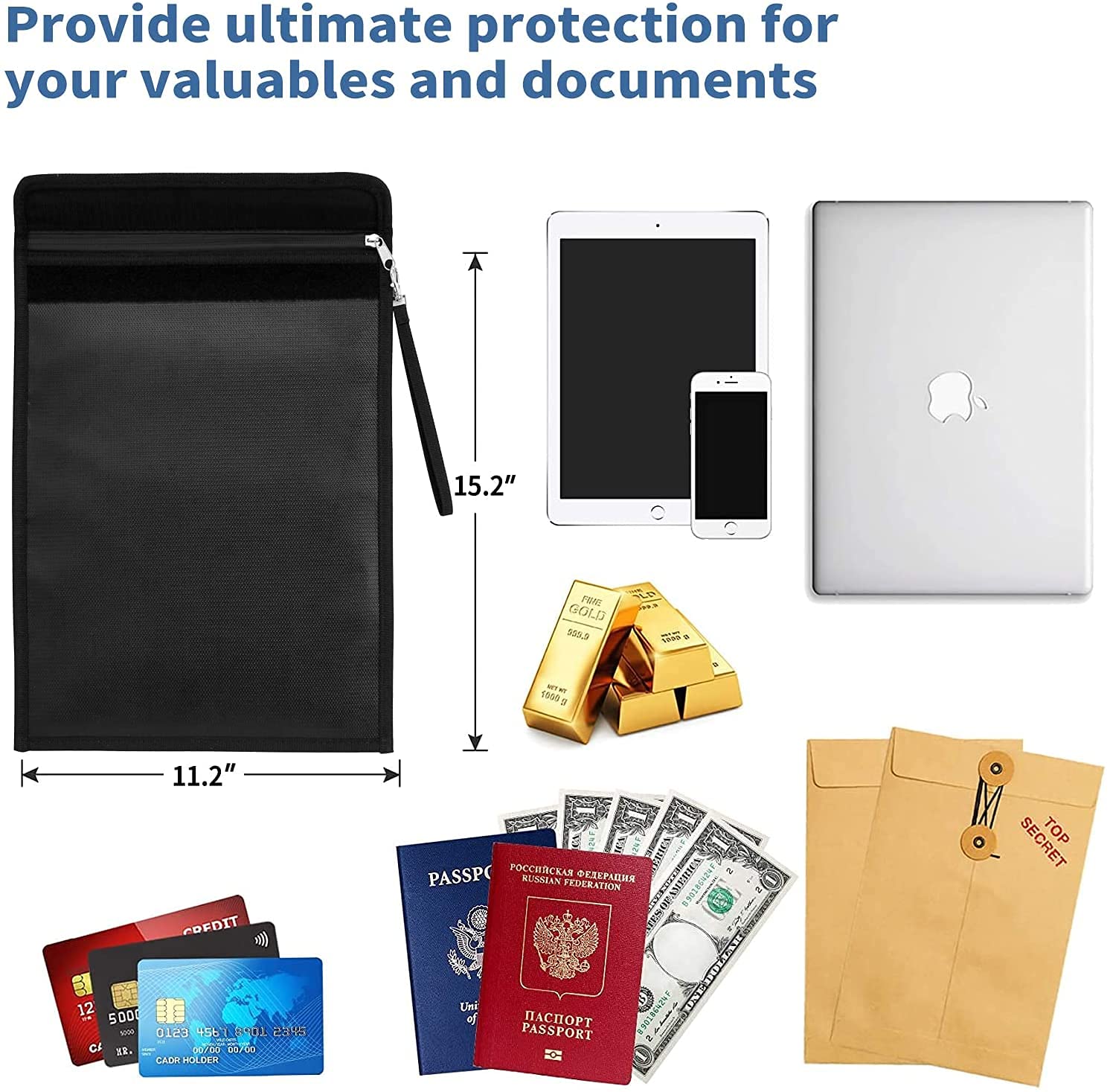 Fireproof Document Bag 15x11 Inches - Waterproof & Fire Resistant (2000℉) Money Safe with Strap & Zipper - Protect Valuables, Jewelry, Legal Papers, Files & Tablets - Ideal for Home, Office & Travel Safety (Black)