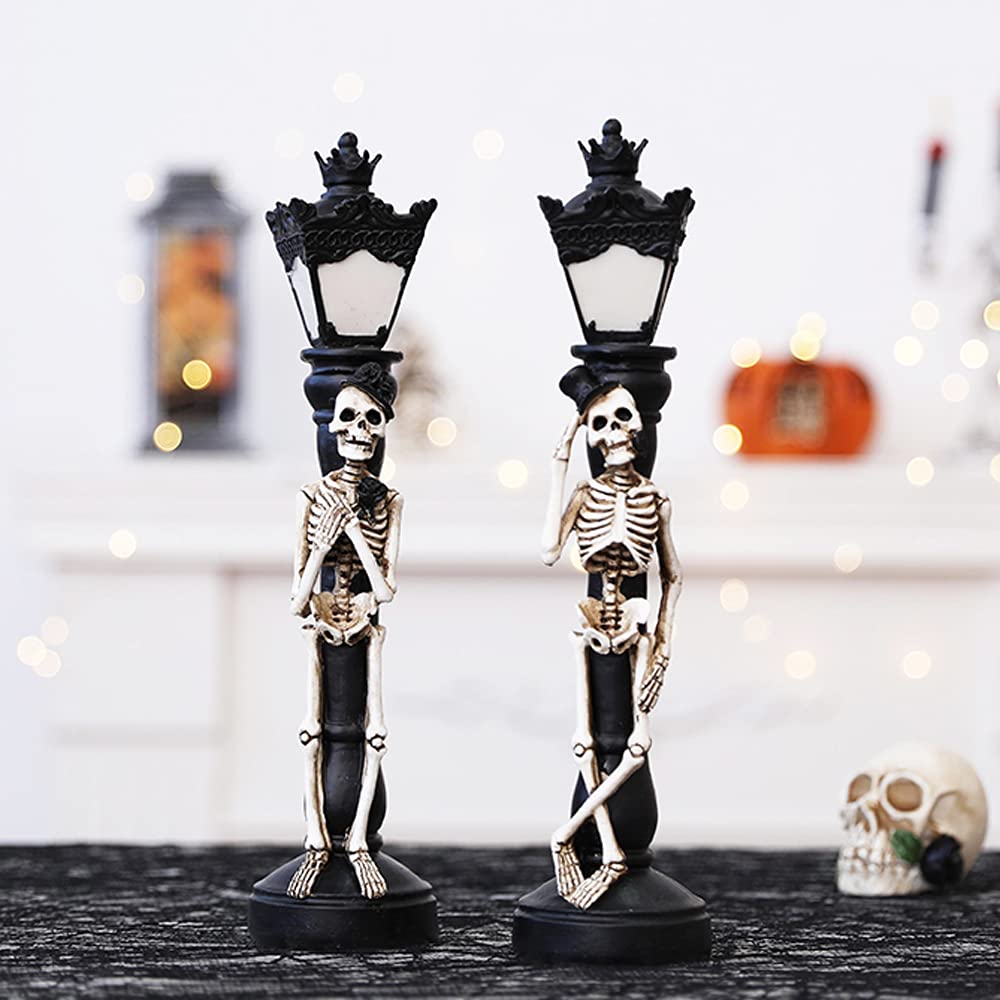 Zhaohupinpai Halloween Bar Decorations - Realistic Skeleton Passerby Scene Props with LED Street Lamp for Spooky Halloween Party, Haunted House, or Themed Pub Decoration