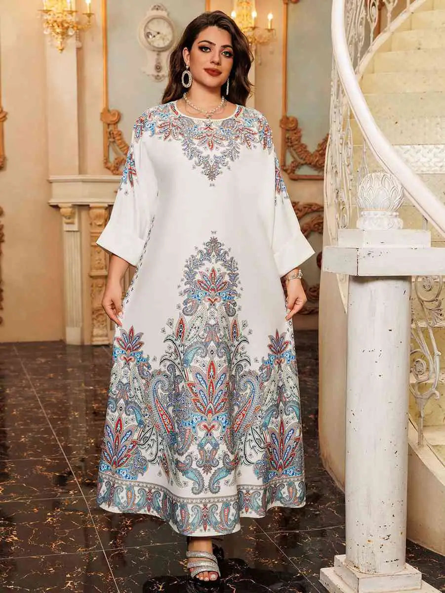 Elegant Hotfix Rhinestone Printed Caftan Kaftan Dress for Women - Perfect for Eid Celebrations, Weddings & Special Occasions